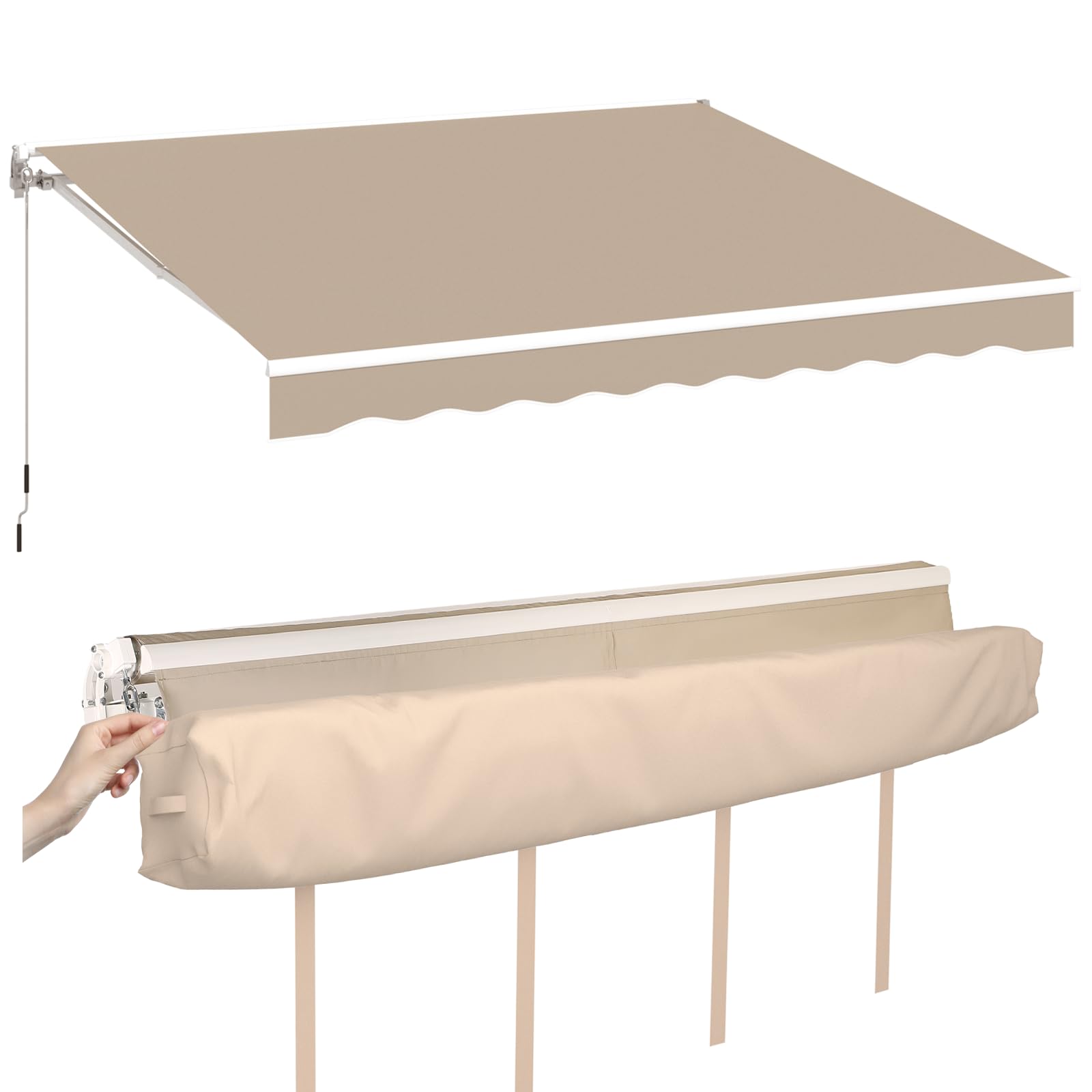 AECOJOY 14'×10' Manual Retractable Awning Sun Shade Patio Awning Cover Outdoor Patio Canopy Sunsetter Deck Awnings with Manual Crank Handle, Beige
