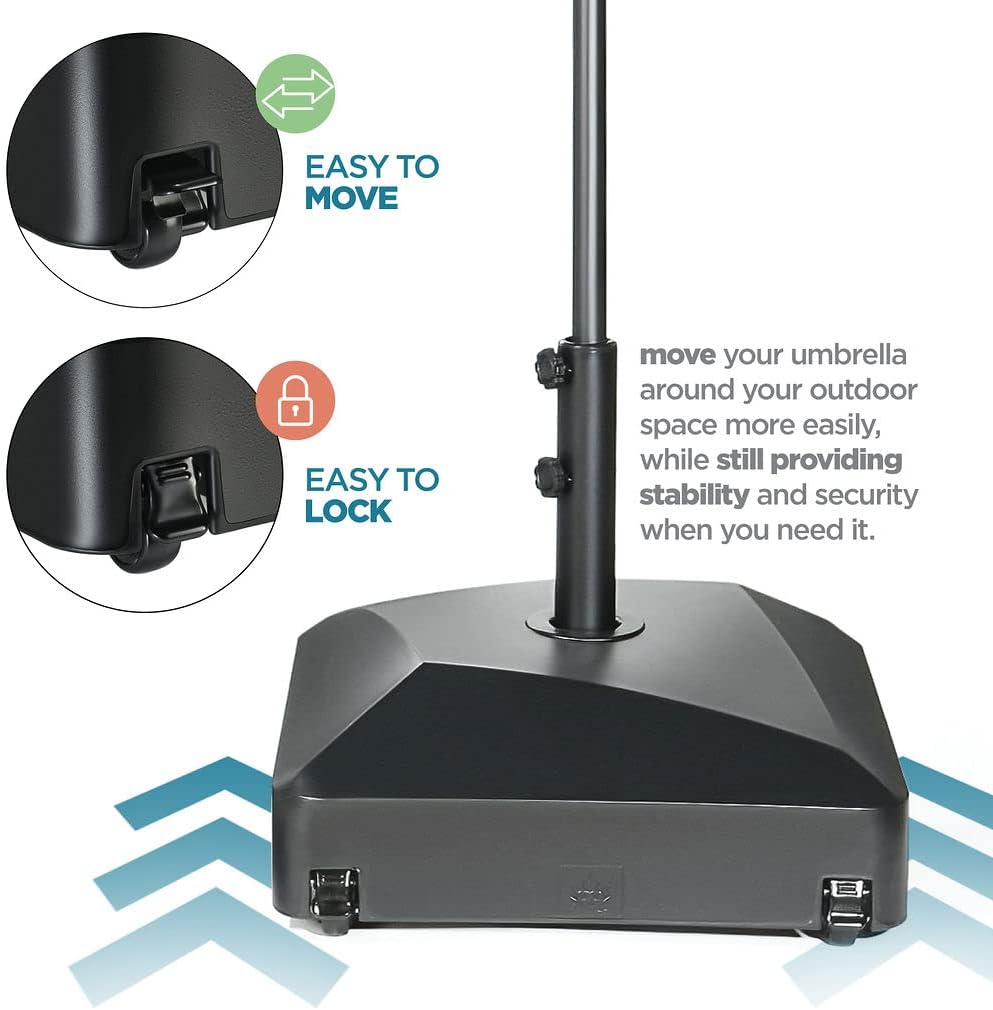 Maple99 Umbrella Base - Fillable Umbrella Pole Holder 2 Knobs, with Heavy Duty Windproof Design for Patio, Deck, Poolside, Garden. 4 Wheels, 2 Locks, Holds 125 lbs, Classic Black