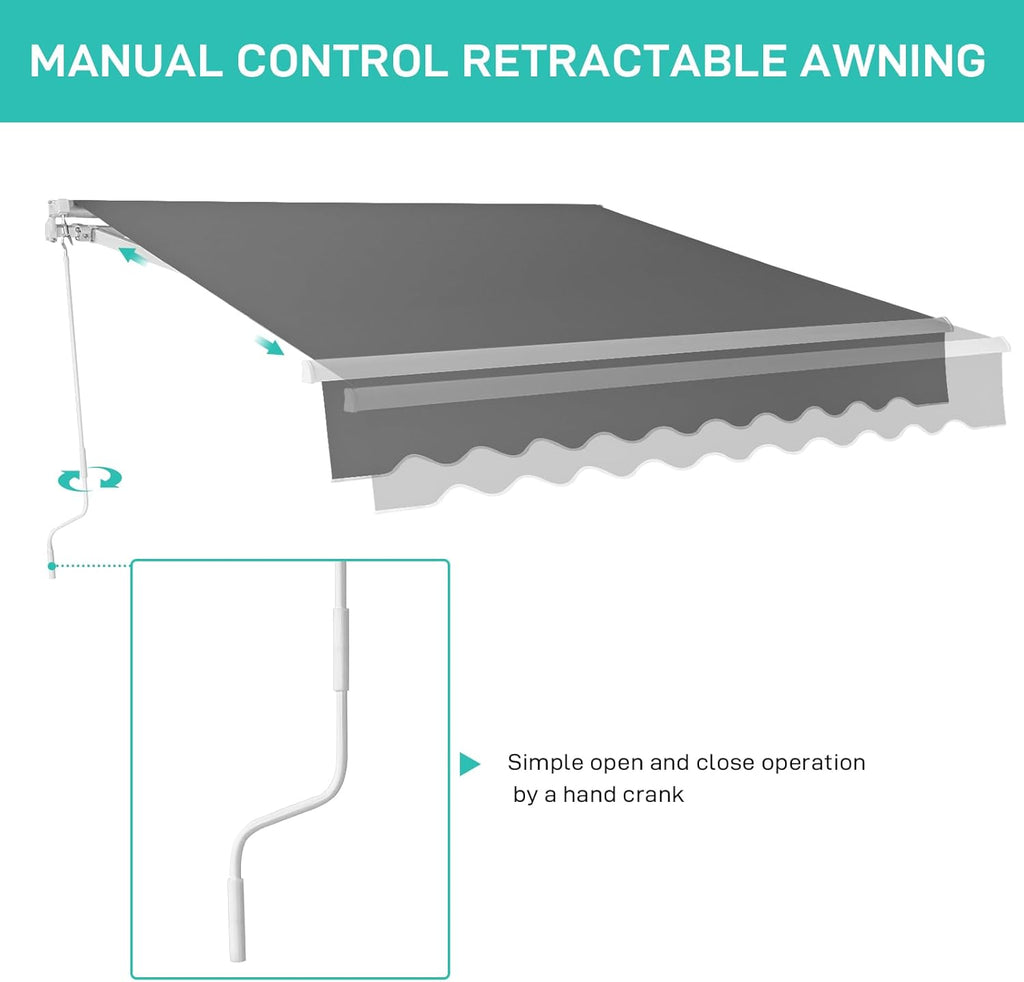 Bonnlo Retractable Awning Canopy 13x8ft, UV and Water-Proof Fabric Sunshade Shelter with Manual Crank Handle, Patio Awning Retractable for Deck, Poolside, Garden (Grey, 13x8ft)