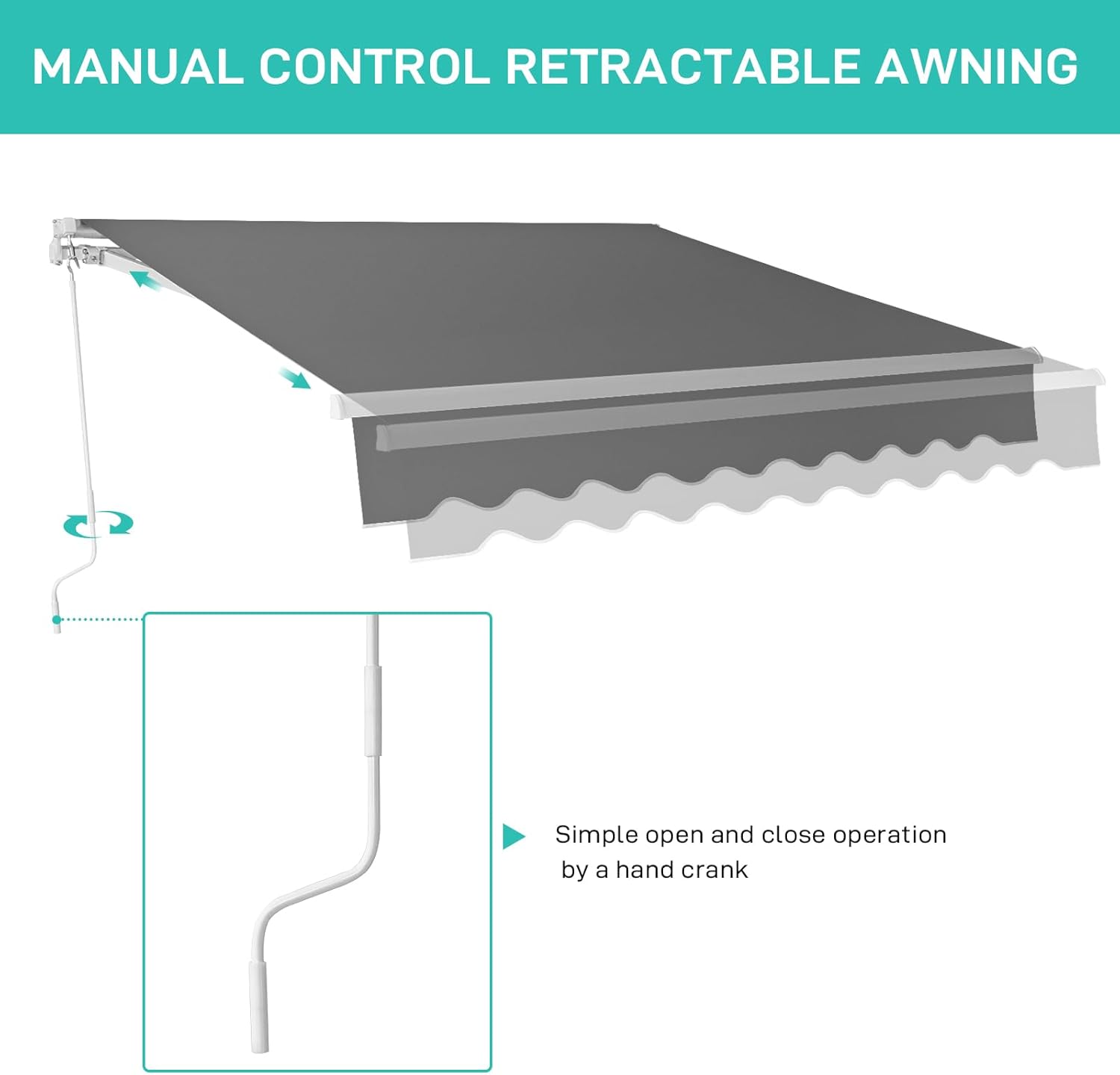 Bonnlo Retractable Awning Canopy 13x8ft, UV and Water-Proof Fabric Sunshade Shelter with Manual Crank Handle, Patio Awning Retractable for Deck, Poolside, Garden (Grey, 13x8ft)