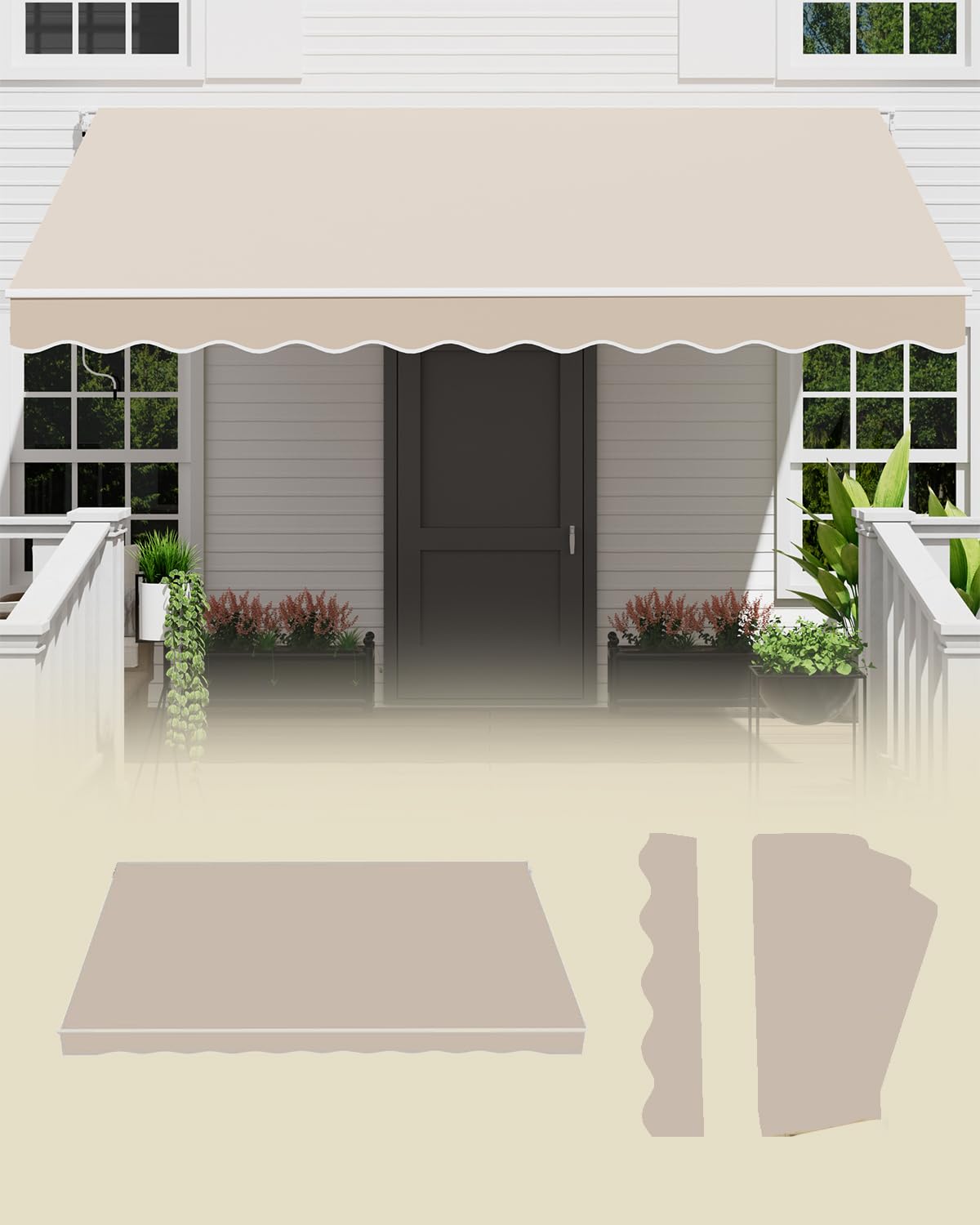 GDPFN 12x10FT Retractable Awning Replacement, 300g/m² Heavy-Duty Polyester Fabric Cover with Valance (Without Frame), Exterior Sunshade Canopy Cloth for Yard, Deck, Balcony, Grey