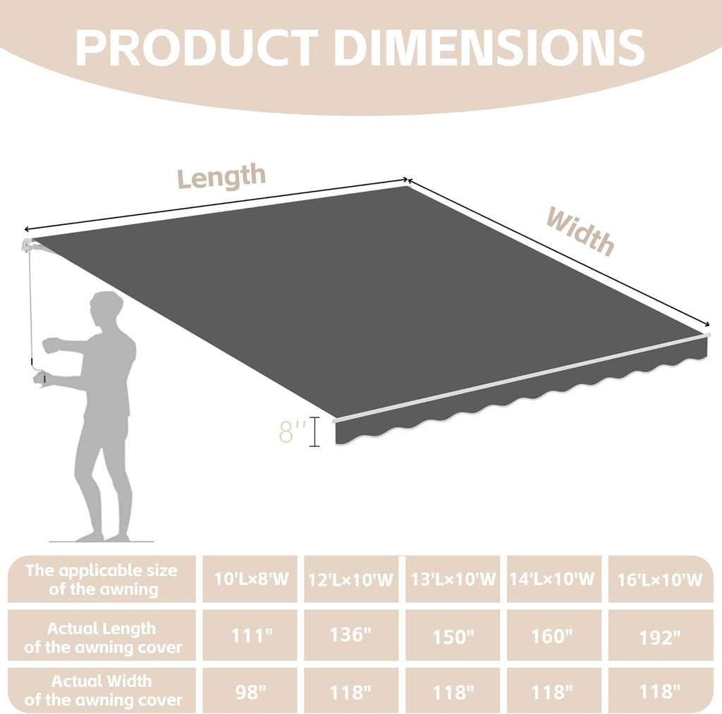 GDPFN 12x10FT Retractable Awning Replacement, 300g/m² Heavy-Duty Polyester Fabric Cover with Valance (Without Frame), Exterior Sunshade Canopy Cloth for Yard, Deck, Balcony, Grey