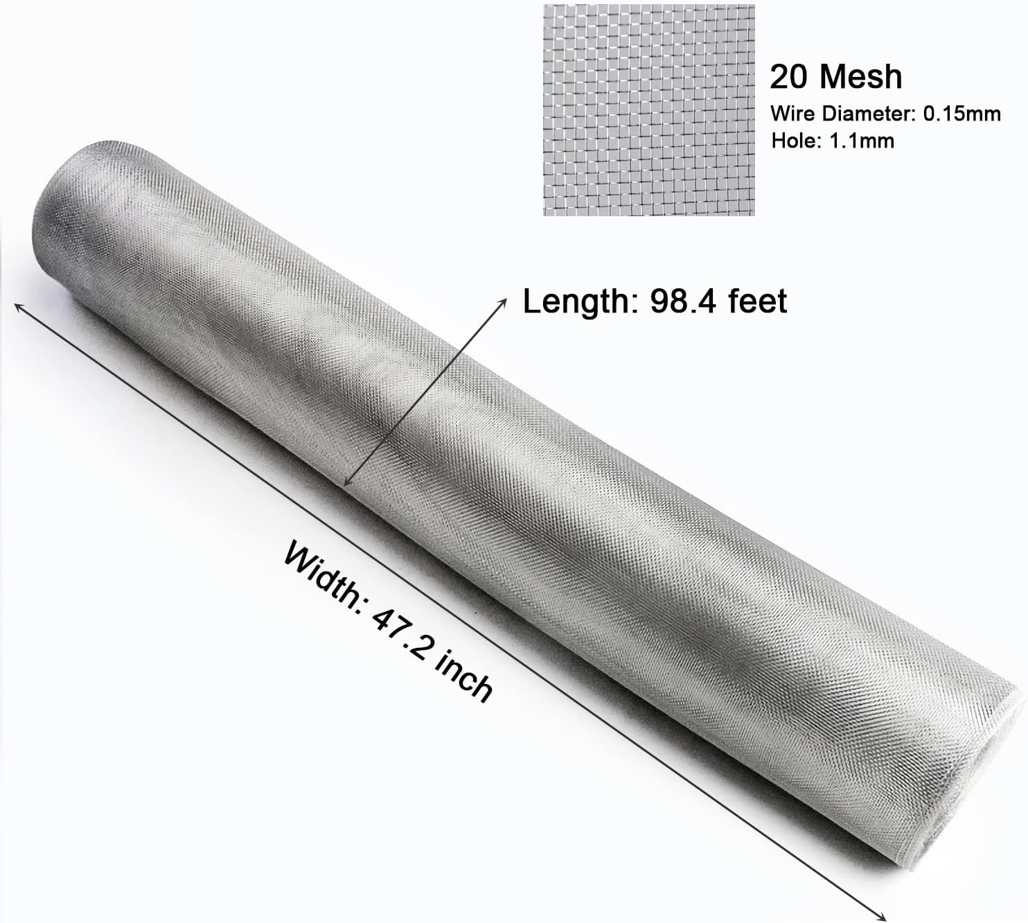 304 Stainless Steel Screen Roll 47 inch x 98 feet Window Screen Mesh 20 Mesh Woven Wire Mesh Patio Screen Mesh Door Screen Replacement Mesh Roll