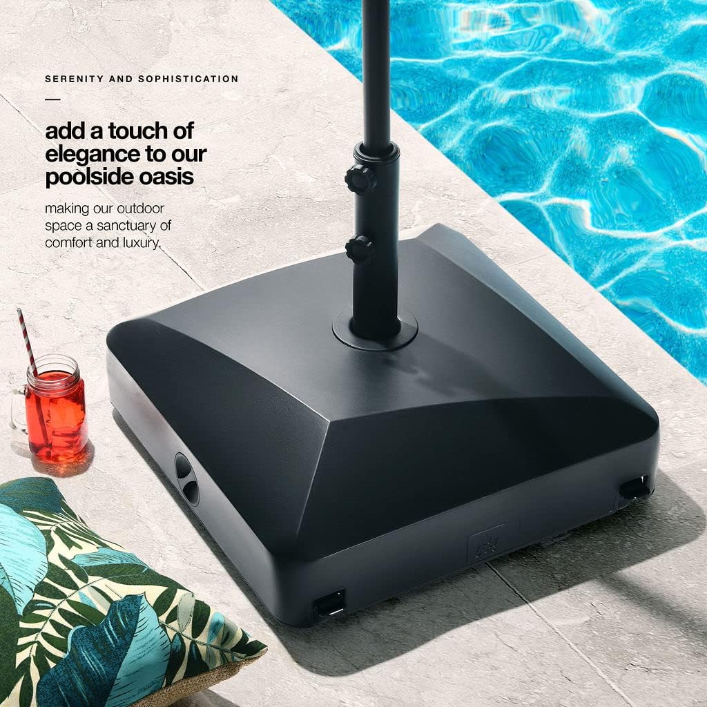 Maple99 Umbrella Base - Fillable Umbrella Pole Holder 2 Knobs, with Heavy Duty Windproof Design for Patio, Deck, Poolside, Garden. 4 Wheels, 2 Locks, Holds 125 lbs, Classic Black