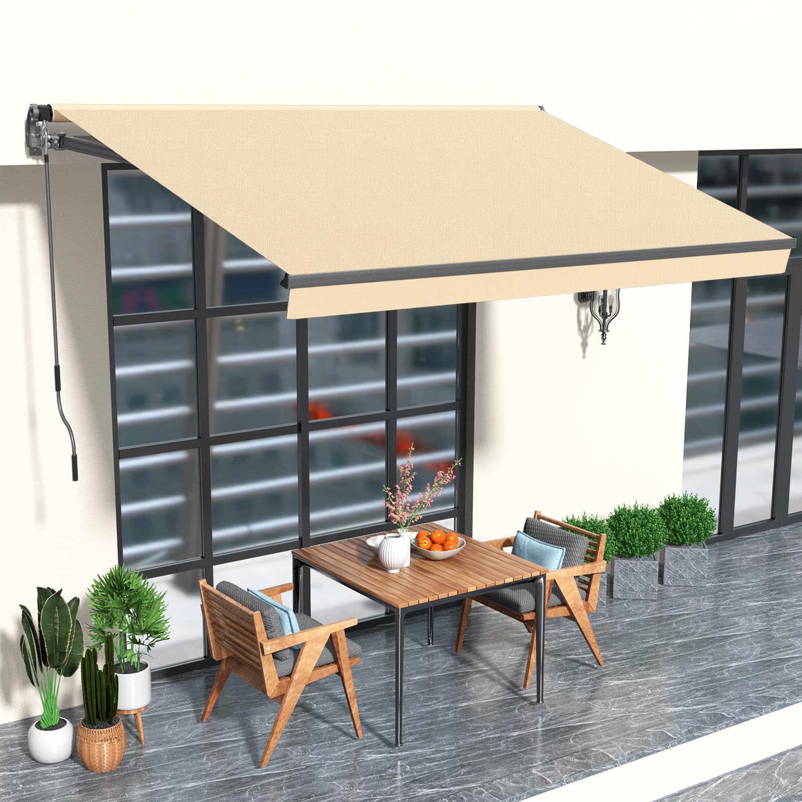 HOMEDEMO 8.2x6.5 Retractable Awning for Patio, Manual Awnings, Sunshade Shelter Crank Handle, UV & Waterproof Polyester Cover and Aluminum Frame for Outdoor Deck, Balcony, Yard, Beige