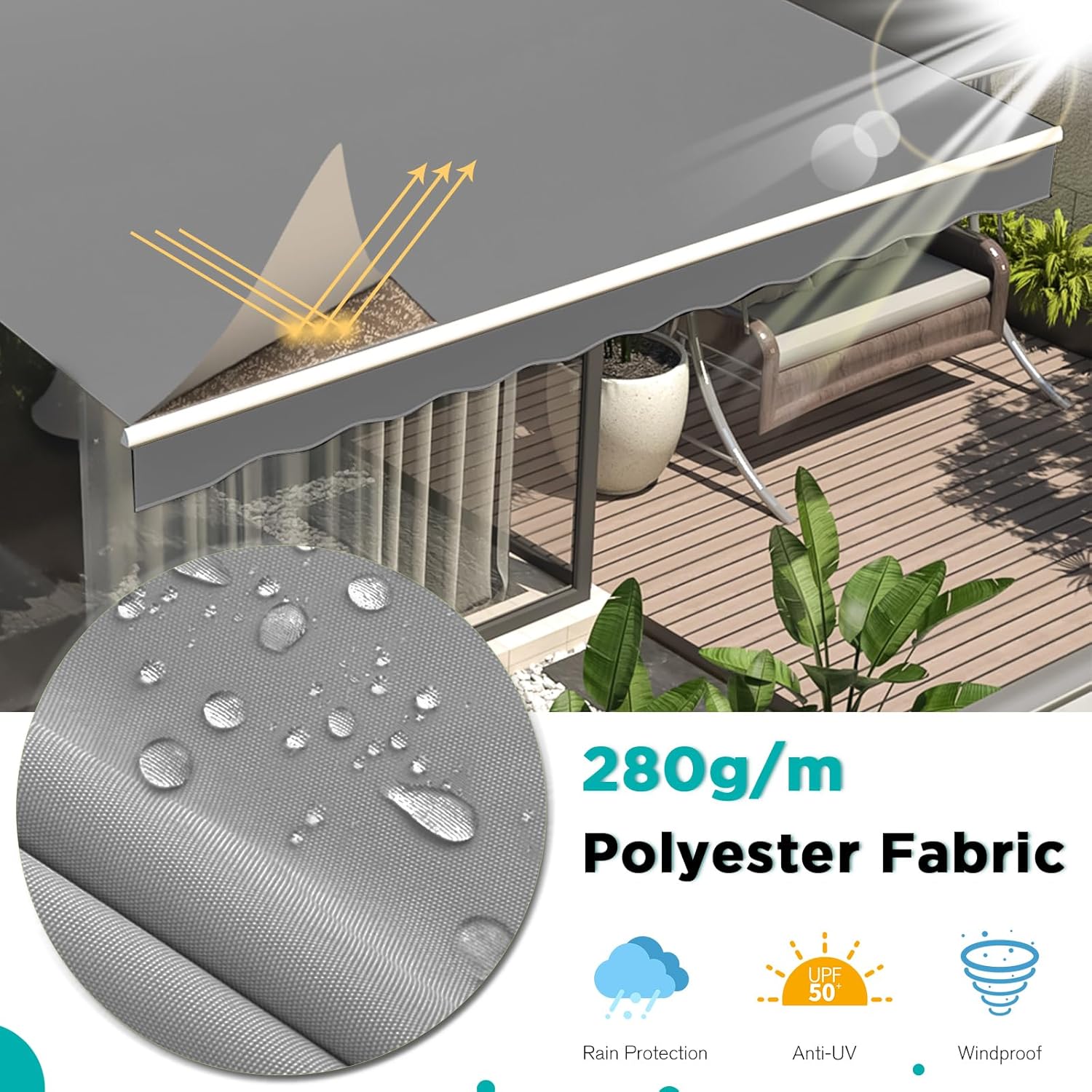 AECOJOY 20'×10' Retractable Awning Sun Shade Patio Awning Cover Outdoor Patio Canopy Sunsetter Deck Awnings with Manual Crank Handle, Grey