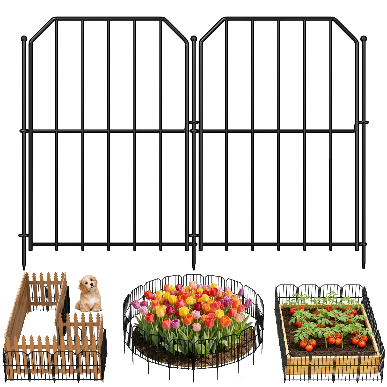 Goovilla Garden Fence, Total 10ft(L) x 24in(H) Garden Fencing Animal Barrier, 10 Pcs Rustproof Metal Fence Panels, Black No Dig Fence, Decorative Garden Fences and Borders for Dogs, Flower Bed, Patio