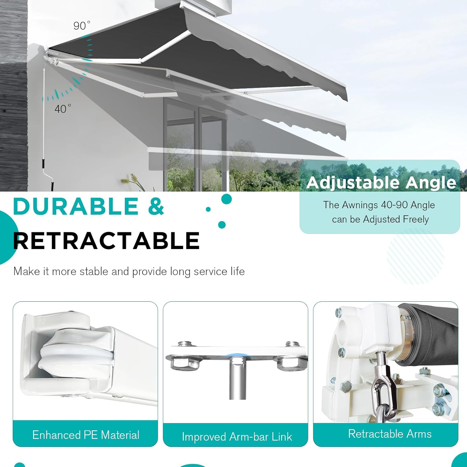 AECOJOY 20'×10' Retractable Awning Sun Shade Patio Awning Cover Outdoor Patio Canopy Sunsetter Deck Awnings with Manual Crank Handle, Grey