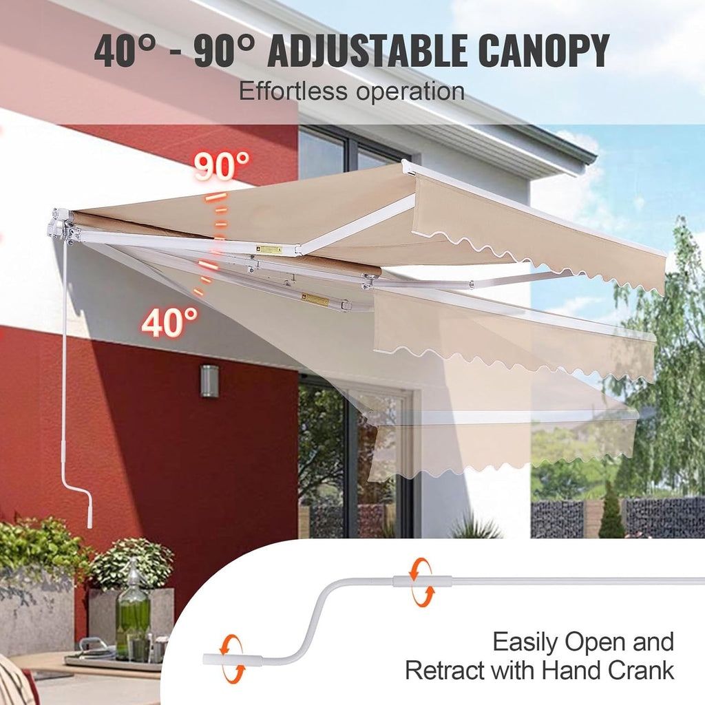 VEVOR Manual Retractable Awning, 12 x 10 ft Outdoor Patio Awning Retractable Sun Shade, Patio Door Window Water-Resistant Polyester Awning Sunshade Shelter with Crank Handle for Balcony, Backyard