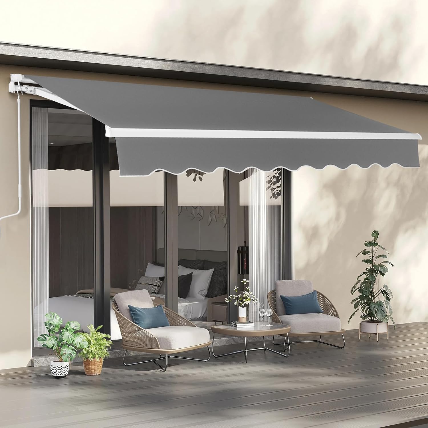 VINGLI 12' x 10' Retractable Awning for Patio Awning Door Awning with Manual Crank Handle, Aluminum Frame Door Canopy UV Resistant (Grey)