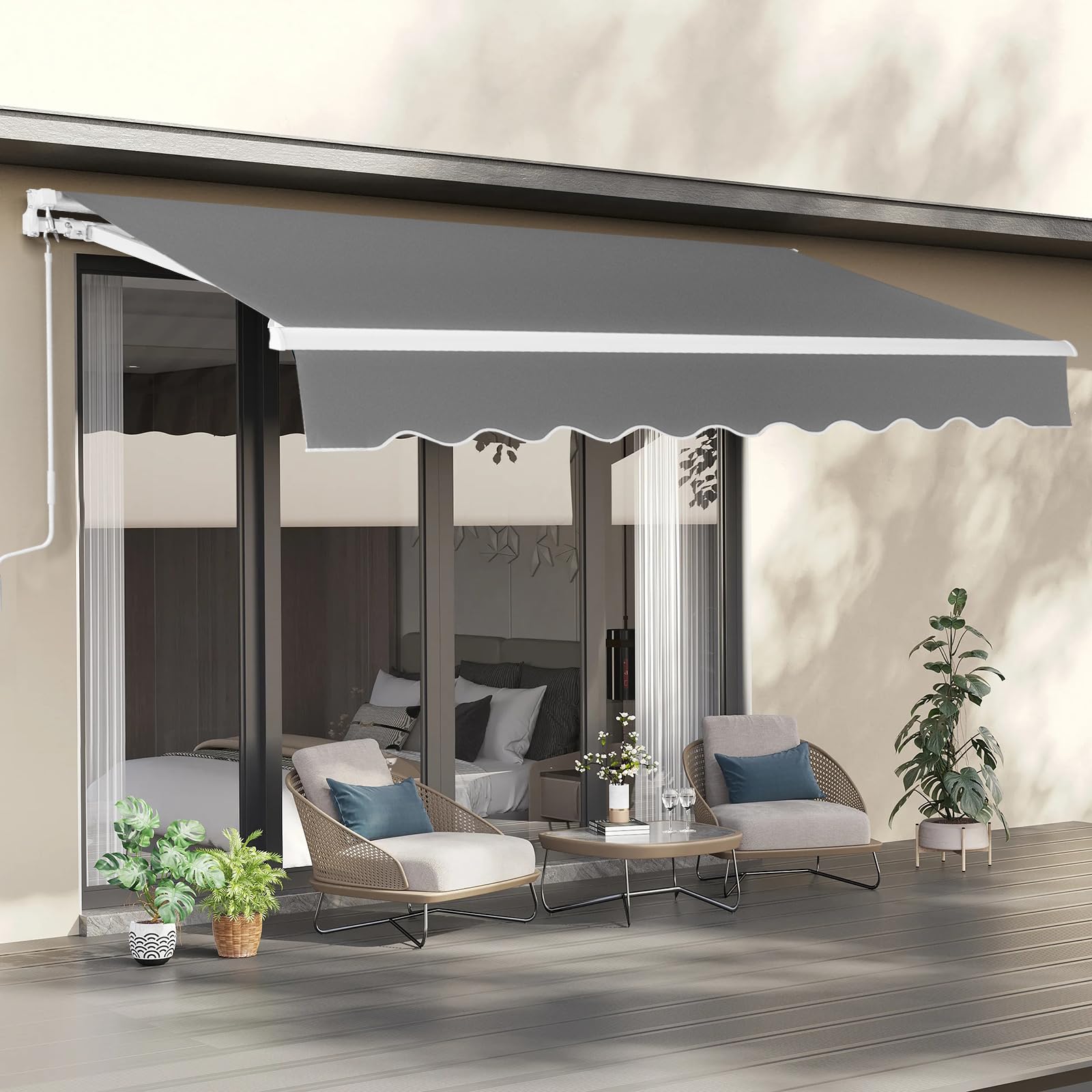 VINGLI 12' x 10' Retractable Awning for Patio Awning Door Awning with Manual Crank Handle, Aluminum Frame Door Canopy UV Resistant (Grey)