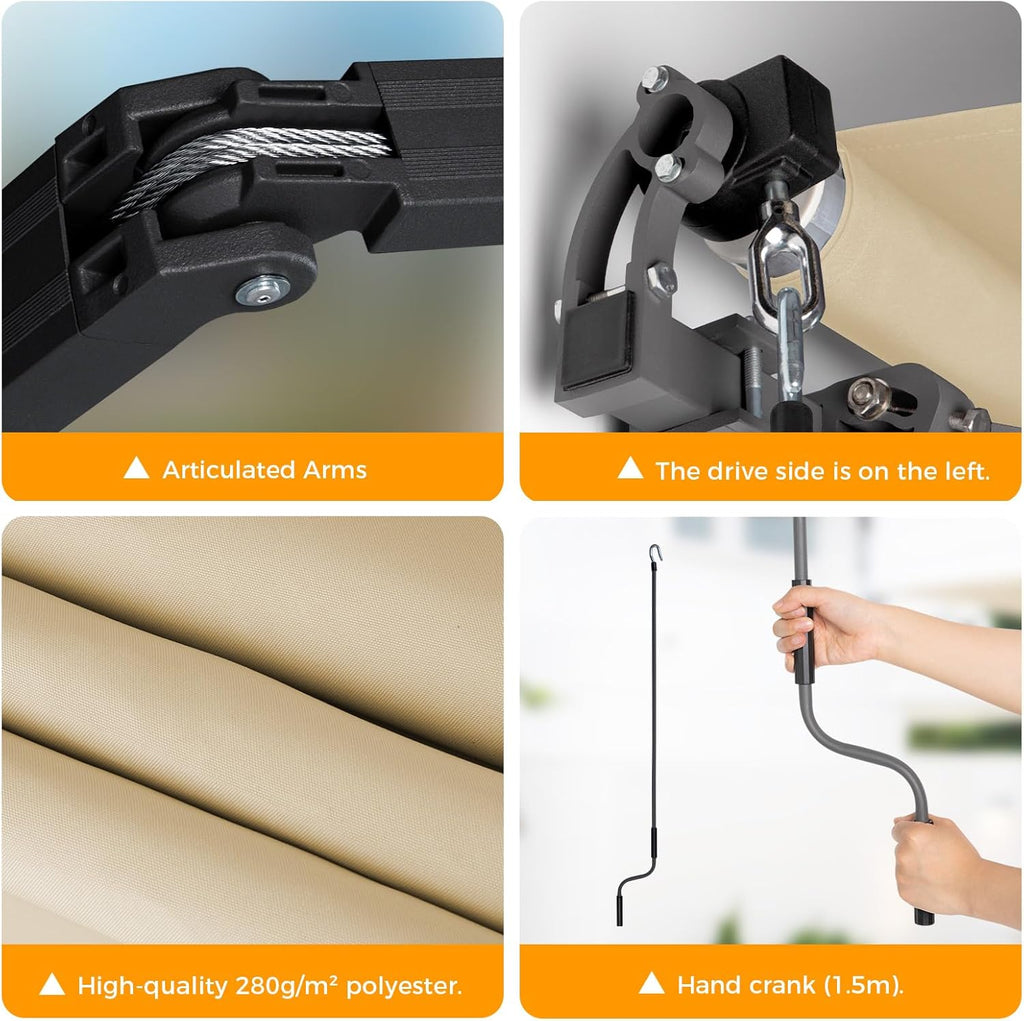 HOMEDEMO 8.2x6.5 Retractable Awning for Patio, Manual Awnings, Sunshade Shelter Crank Handle, UV & Waterproof Polyester Cover and Aluminum Frame for Outdoor Deck, Balcony, Yard, Beige