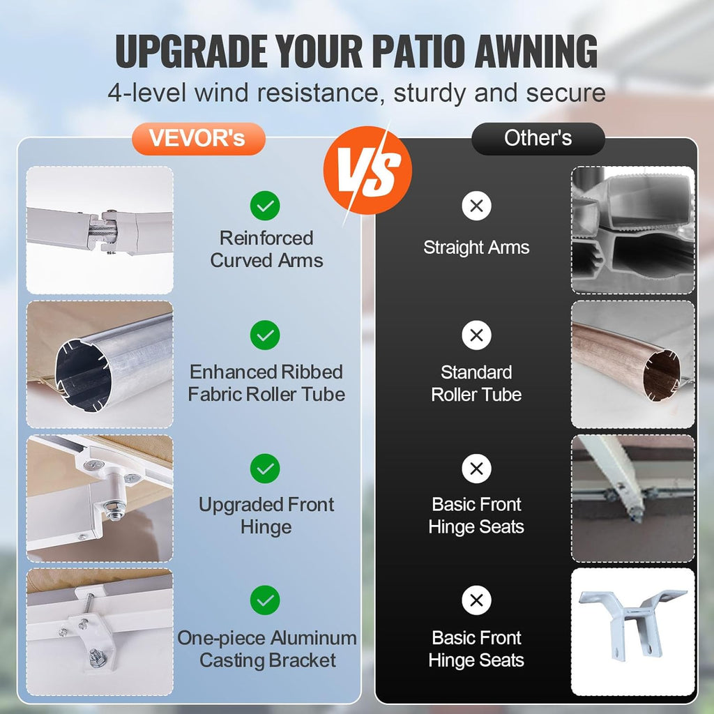 VEVOR Manual Retractable Awning, 12 x 10 ft Outdoor Patio Awning Retractable Sun Shade, Patio Door Window Water-Resistant Polyester Awning Sunshade Shelter with Crank Handle for Balcony, Backyard