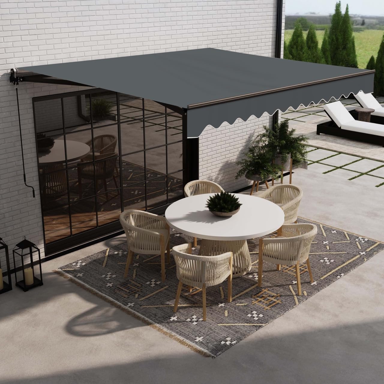 Aleko 20x10 feet Caribbean Style Electric Black Frame Awning, Remote Control Motorized & Manual Crank, Outdoor Shade Canopy with UV-Resistant Fabric - Charcoal Gray