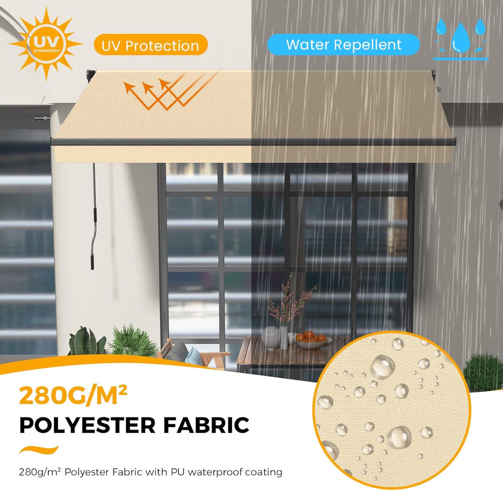 HOMEDEMO 8.2x6.5 Retractable Awning for Patio, Manual Awnings, Sunshade Shelter Crank Handle, UV & Waterproof Polyester Cover and Aluminum Frame for Outdoor Deck, Balcony, Yard, Beige