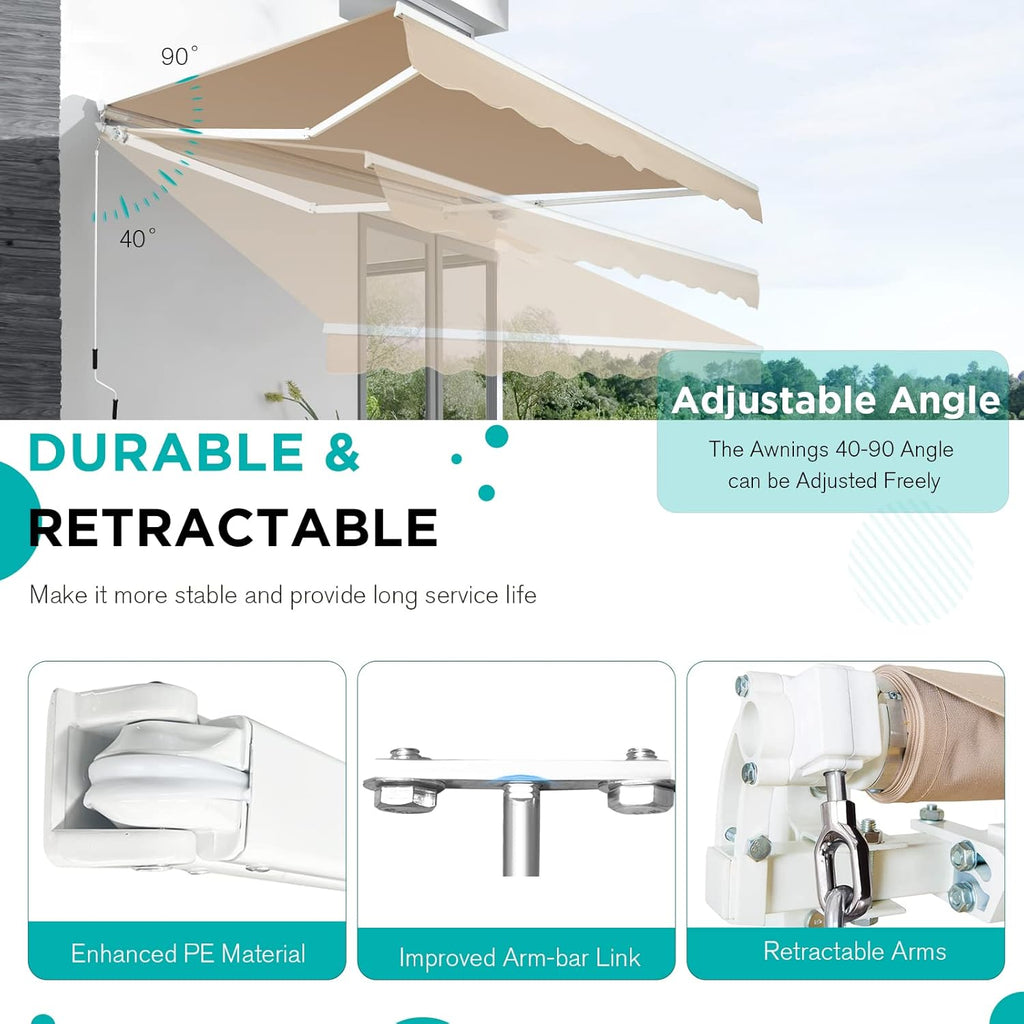 AECOJOY 14'×10' Manual Retractable Awning Sun Shade Patio Awning Cover Outdoor Patio Canopy Sunsetter Deck Awnings with Manual Crank Handle, Beige