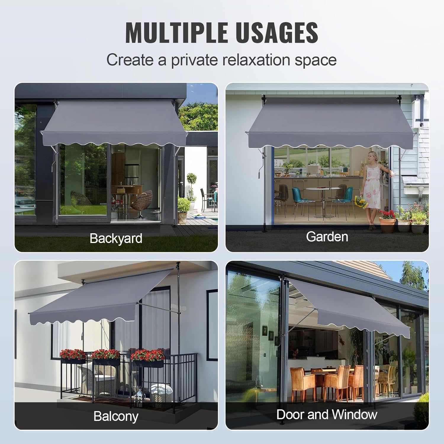 VEVOR Manual Retractable Awning, 78" Outdoor Retractable Patio Awning Sunshade Shelter, Adjustable Patio Door Window Awning Canopy with 39" Sun Shade Curtain for Backyard, Garden, Balcony, Dark Gray