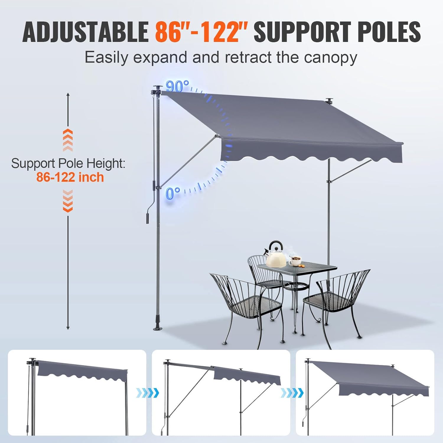 VEVOR Manual Retractable Awning, 78" Outdoor Retractable Patio Awning Sunshade Shelter, Adjustable Patio Door Window Awning Canopy with 39" Sun Shade Curtain for Backyard, Garden, Balcony, Dark Gray