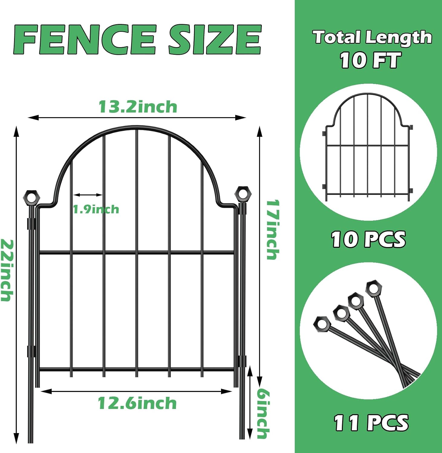 Blingluck Garden Fence, 22 in(H) x 10.83 ft(L) Arched Rustproof Metal No Dig Fence Garden Fence Border, Ground Stake Animal Barrier Fence for Rabbit Dog, Outdoor Decor for Yard & Patio