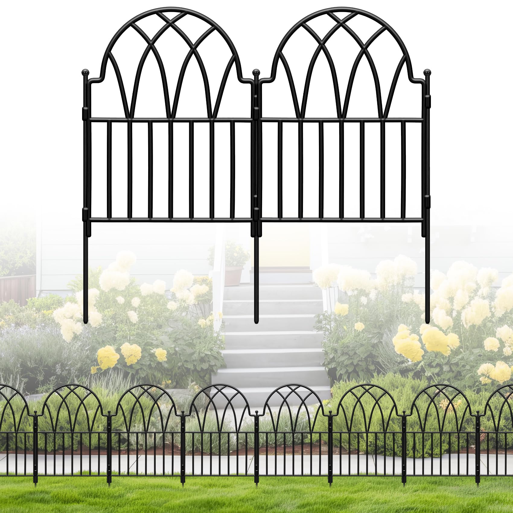 Garden Fence - 24 in(H) x 10.56ft(L) Arched Metal Fence Panel No Dig Fence, Ground Stake Animal Barrier Fence for Dog, Flower Bed Edging Wire Border Panel Fencing for Yard Patio Outdoor Decor