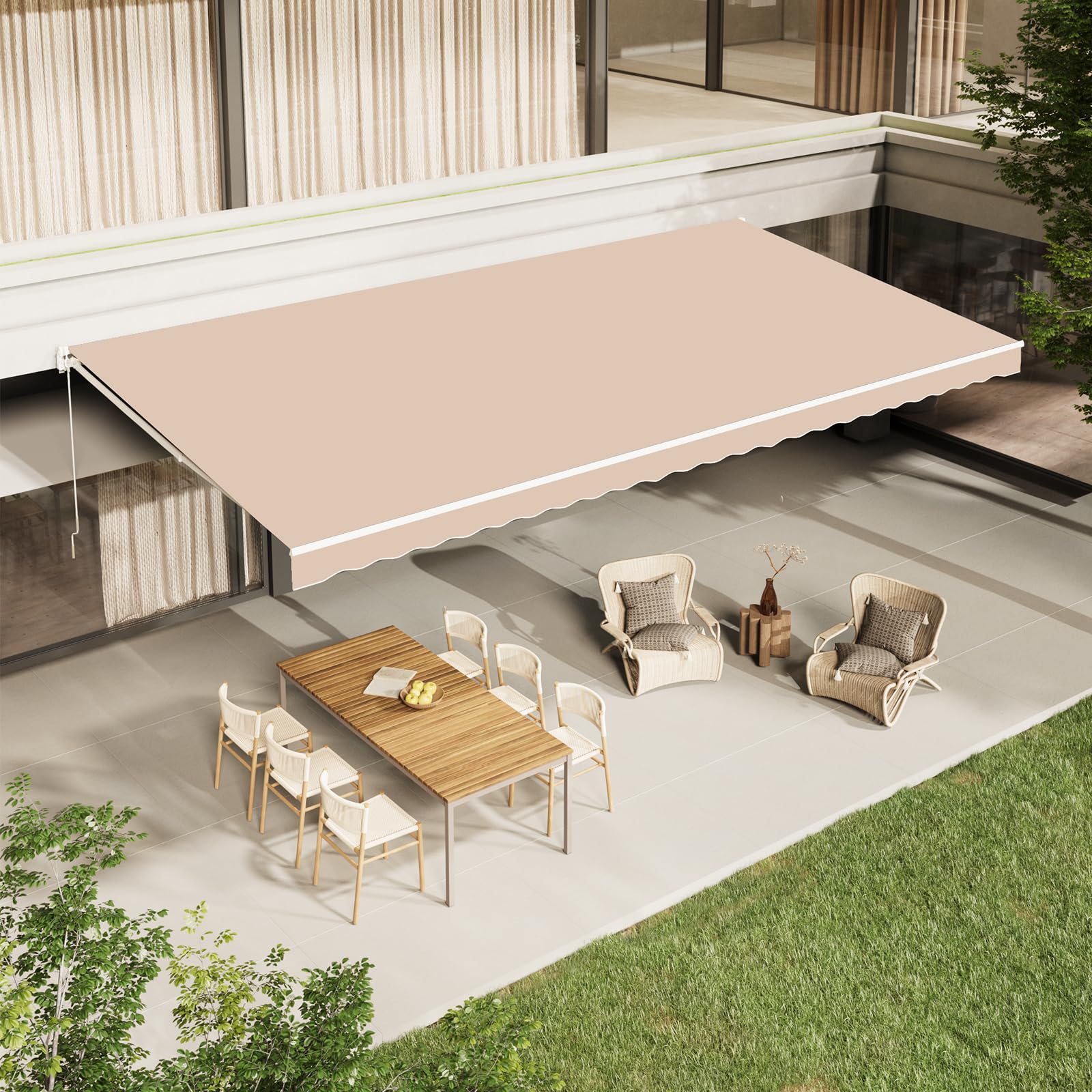 AECOJOY 14'×10' Manual Retractable Awning Sun Shade Patio Awning Cover Outdoor Patio Canopy Sunsetter Deck Awnings with Manual Crank Handle, Beige