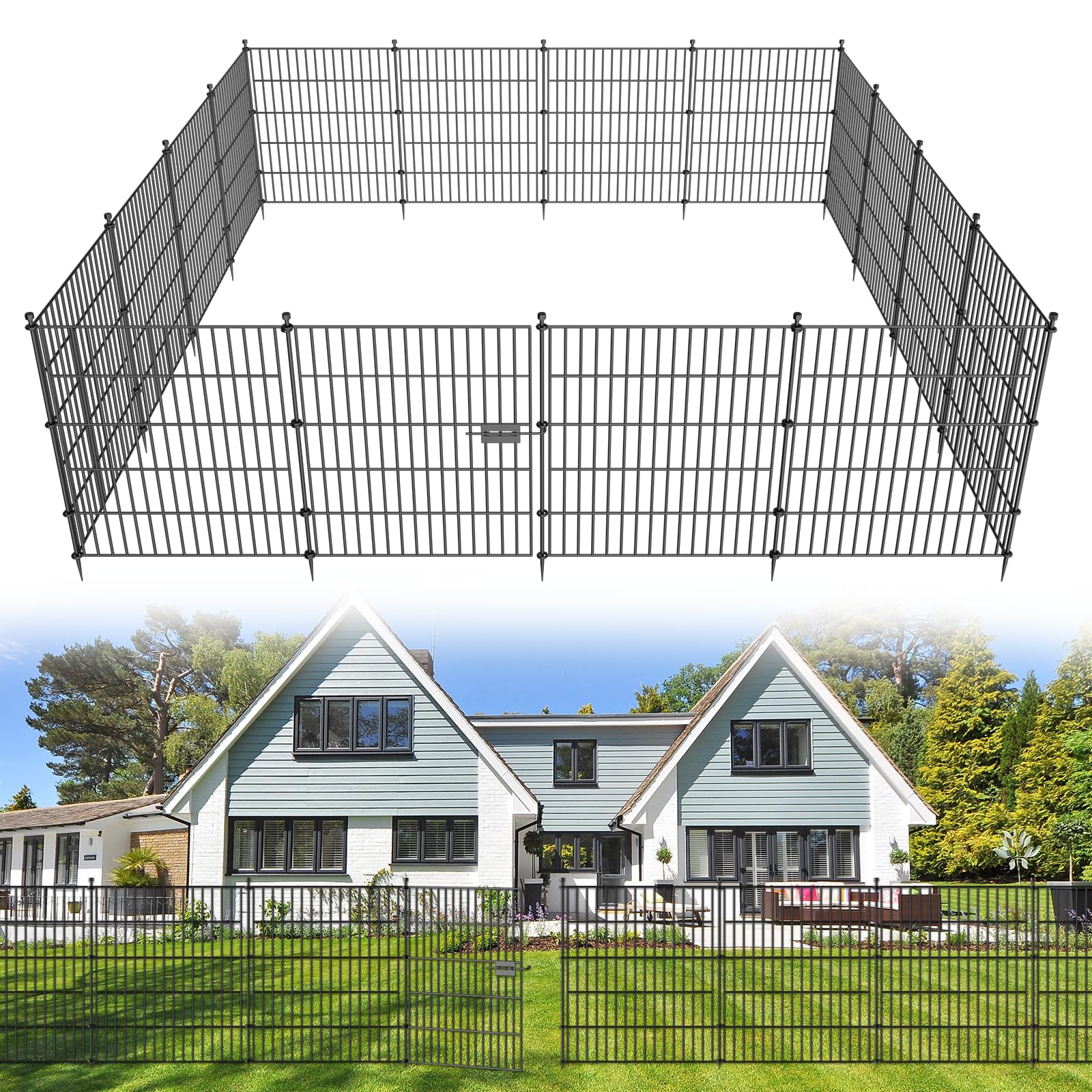 10 Panels No Dig Decorative Outdoor Garden Fence for Yard, 32 in(H) X 23.6 ft(L) Animal Barrier Fencing Rustproof Metal Wire Panel Border for Dog, Rabbits, and Patio Temporary Ground Stakes