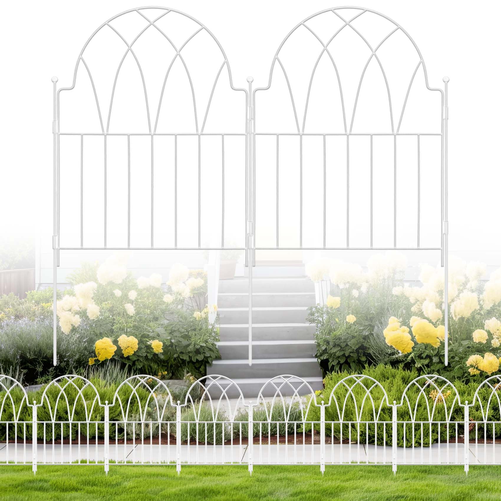 Garden Fence - 24 in(H) x 10.56ft(L) Arched Metal Fence Panel No Dig Fence, Ground Stake Animal Barrier Fence for Dog, Flower Bed Edging Wire Border Panel Fencing for Yard Patio Outdoor Decor