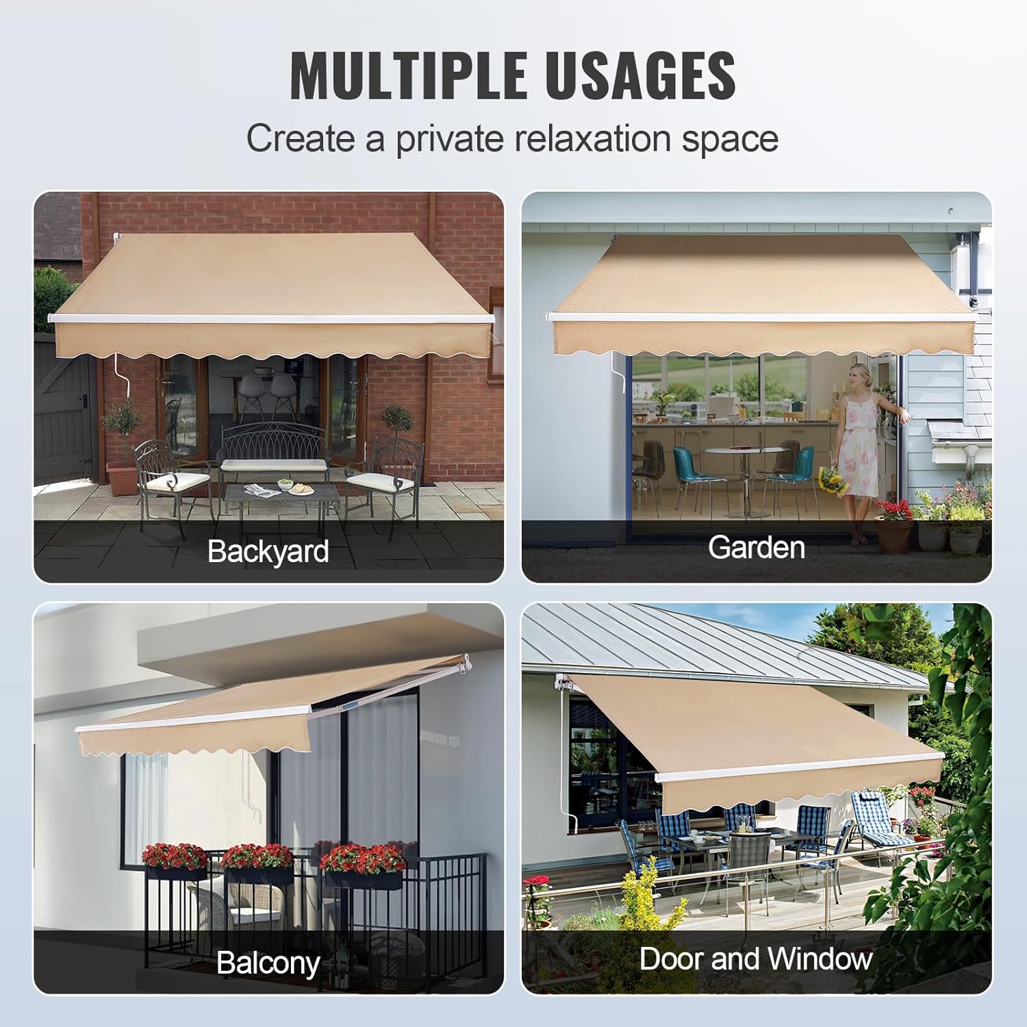 VEVOR Manual Retractable Awning, 12 x 10 ft Outdoor Patio Awning Retractable Sun Shade, Patio Door Window Water-Resistant Polyester Awning Sunshade Shelter with Crank Handle for Balcony, Backyard
