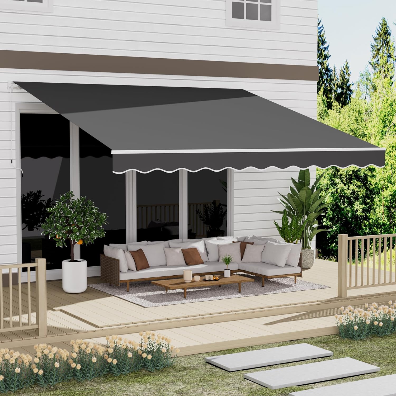 GDPFN 12x10FT Retractable Awning Replacement, 300g/m² Heavy-Duty Polyester Fabric Cover with Valance (Without Frame), Exterior Sunshade Canopy Cloth for Yard, Deck, Balcony, Grey