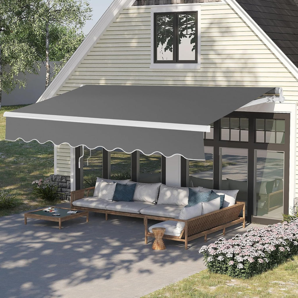 VINGLI 12' x 10' Retractable Awning for Patio Awning Door Awning with Manual Crank Handle, Aluminum Frame Door Canopy UV Resistant (Grey)