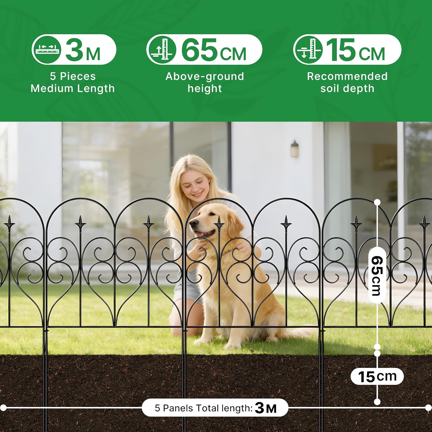 Thealyn Garden Fence 32" H x 10ft (5 Panels), No Digging Heavy Duty Metal Fence Panels, Rustproof Outdoor Dog Fence Animal Barrier, Decorative Fencing for Flower Bed, Yard, Landscape Edging