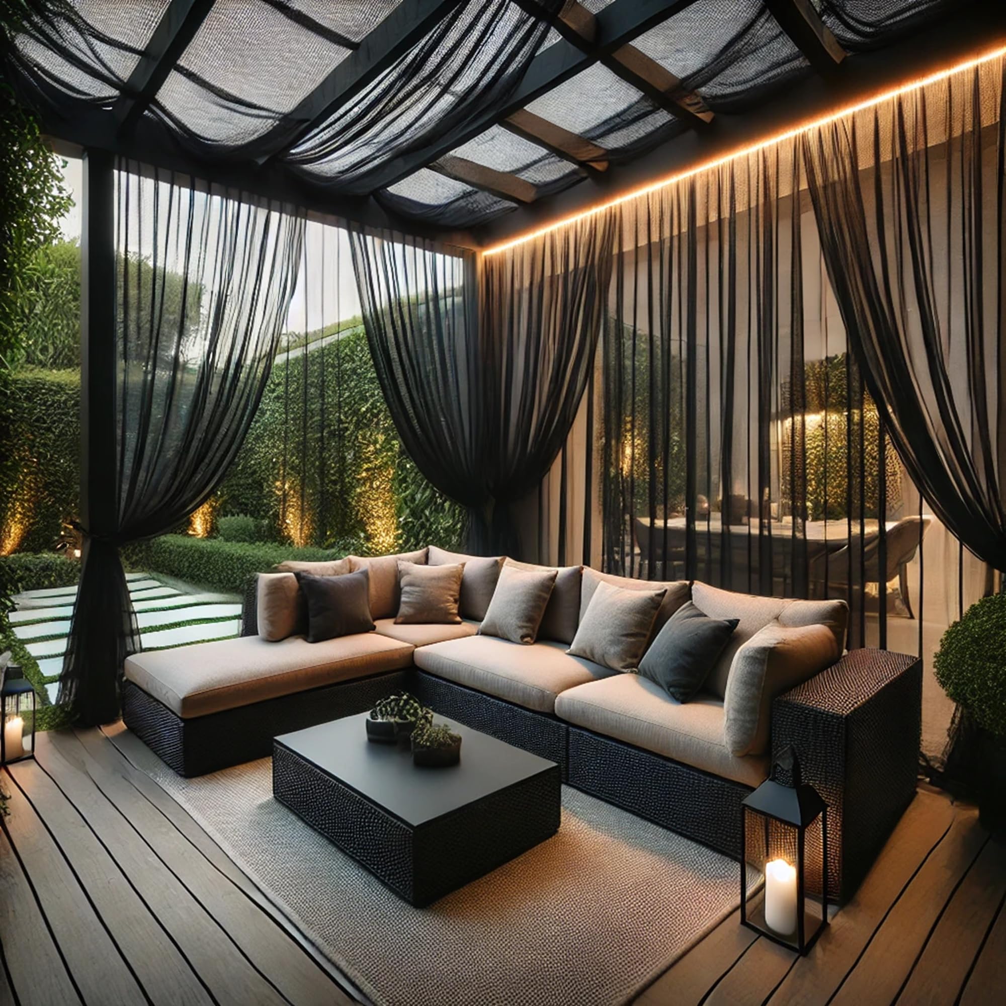 Extra Wide Outdoor Curtains Waterproof Black Voile Mesh Screen Lightweight Privacy Bug Netting for Patio Porch Balcony Pergola Terrace, W125 x L98 inch per Panel, 2 Panels