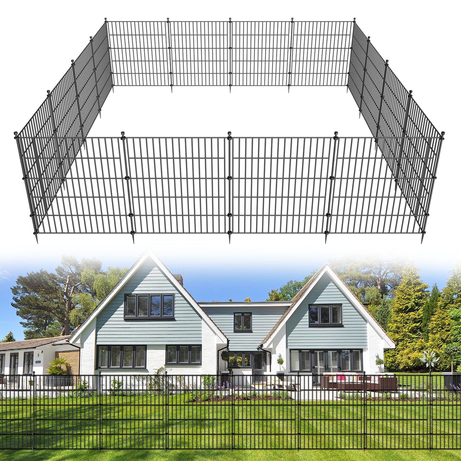10 Panels No Dig Decorative Outdoor Garden Fence for Yard, 32 in(H) X 23.6 ft(L) Animal Barrier Fencing Rustproof Metal Wire Panel Border for Dog, Rabbits, and Patio Temporary Ground Stakes