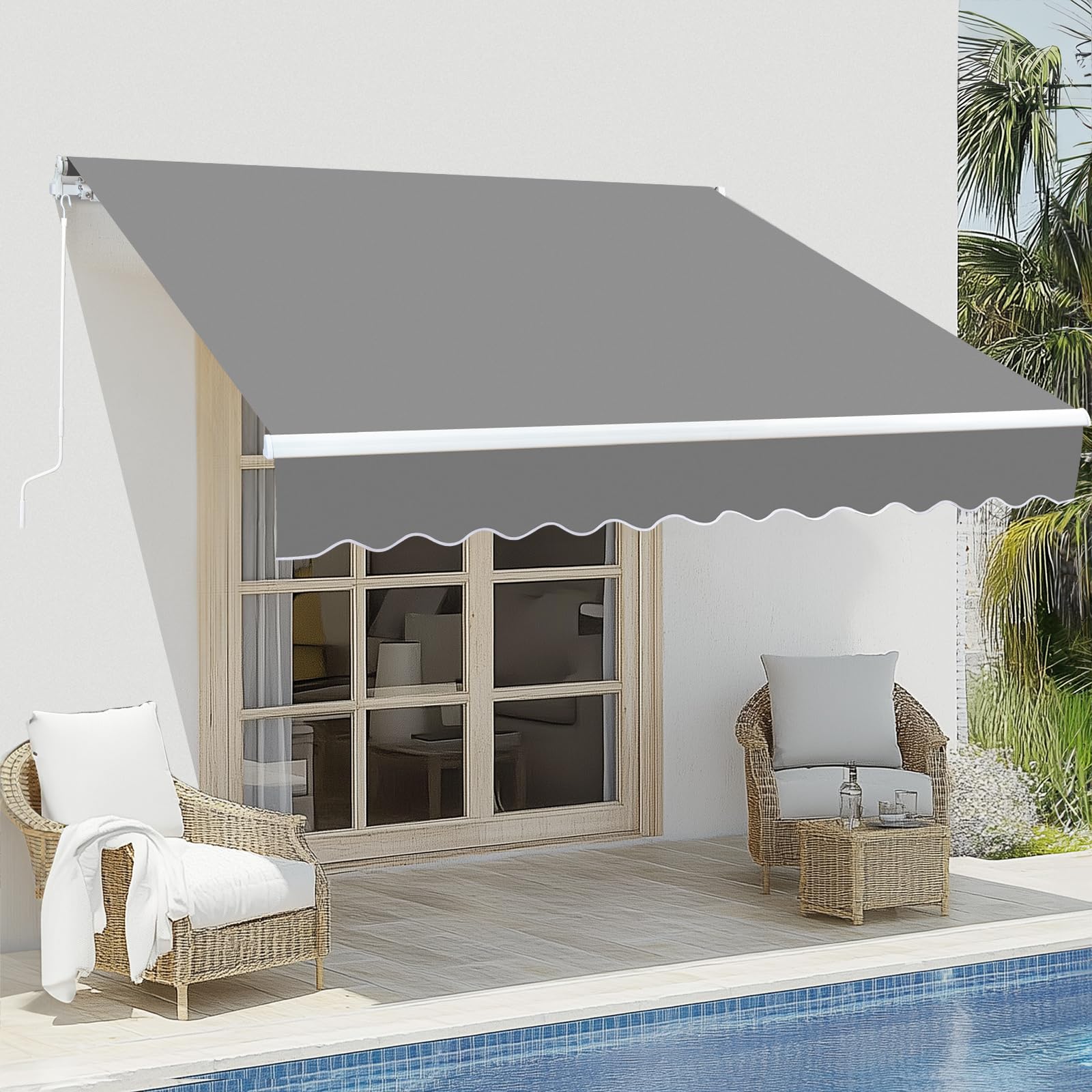 VINGLI 12' x 10' Retractable Awning for Patio Awning Door Awning with Manual Crank Handle, Aluminum Frame Door Canopy UV Resistant (Grey)