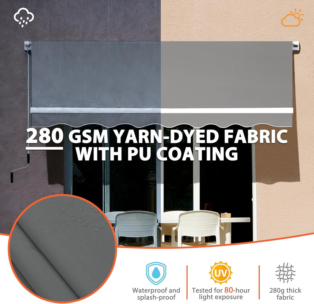 Yardenaler 12x10 FT Manual Retractable Outdoor Patio Awning, Window Sun Shade Shelter with Crank Handle & Canopy for Deck, Backyard, Garden, Balcony, Gray