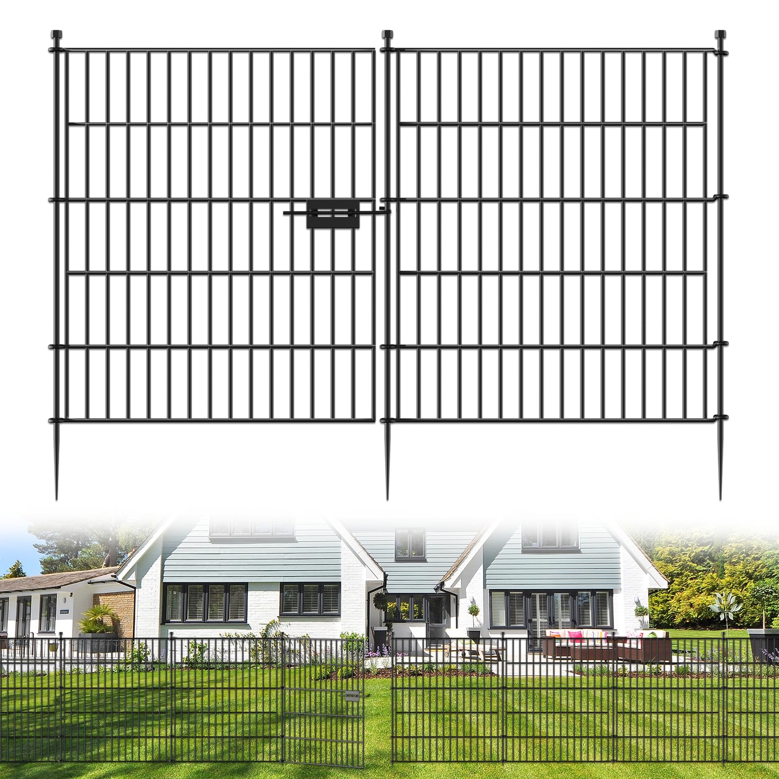10 Panels No Dig Decorative Outdoor Garden Fence for Yard, 32 in(H) X 23.6 ft(L) Animal Barrier Fencing Rustproof Metal Wire Panel Border for Dog, Rabbits, and Patio Temporary Ground Stakes