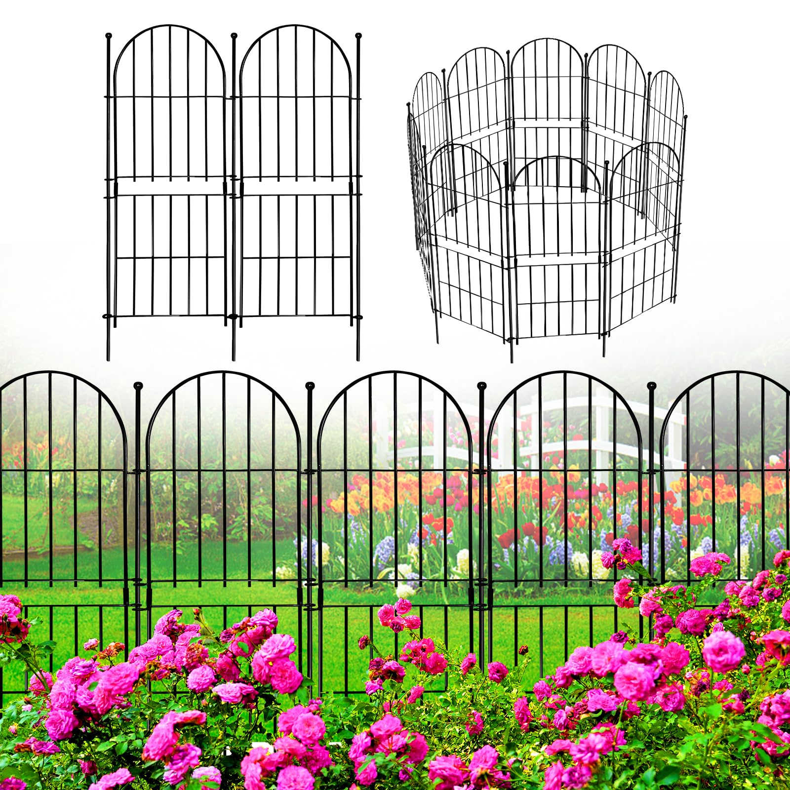 Decorative Garden Fence 17in x10ft, 10 Pack Rustproof Metal No Dig Fence Animal Barrier for Dog, Arched Flower Bed Edging Ornamental Wire Border Panel Fencing for Yard Patio Outdoor Decor