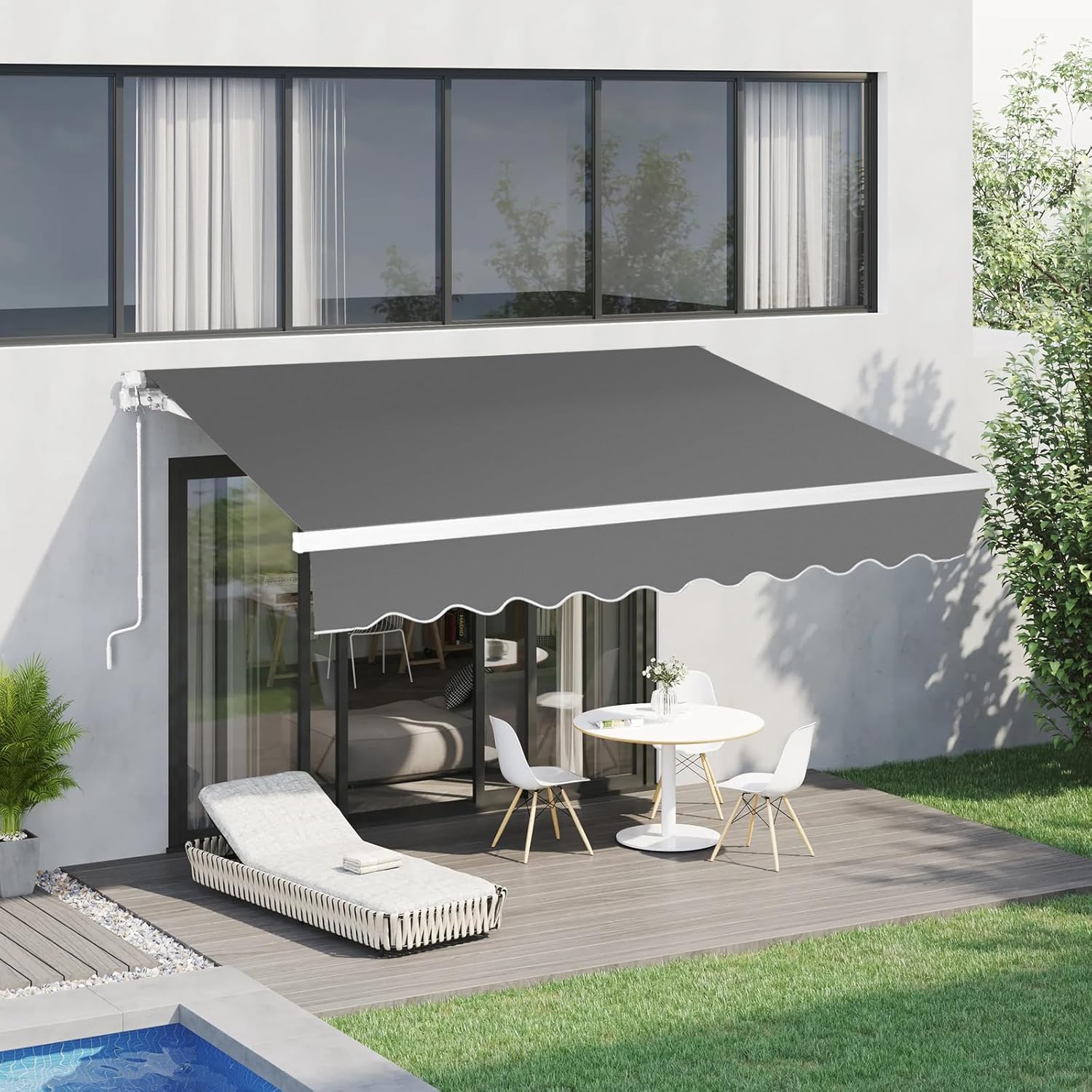 Bonnlo Retractable Awning Canopy 13x8ft, UV and Water-Proof Fabric Sunshade Shelter with Manual Crank Handle, Patio Awning Retractable for Deck, Poolside, Garden (Grey, 13x8ft)
