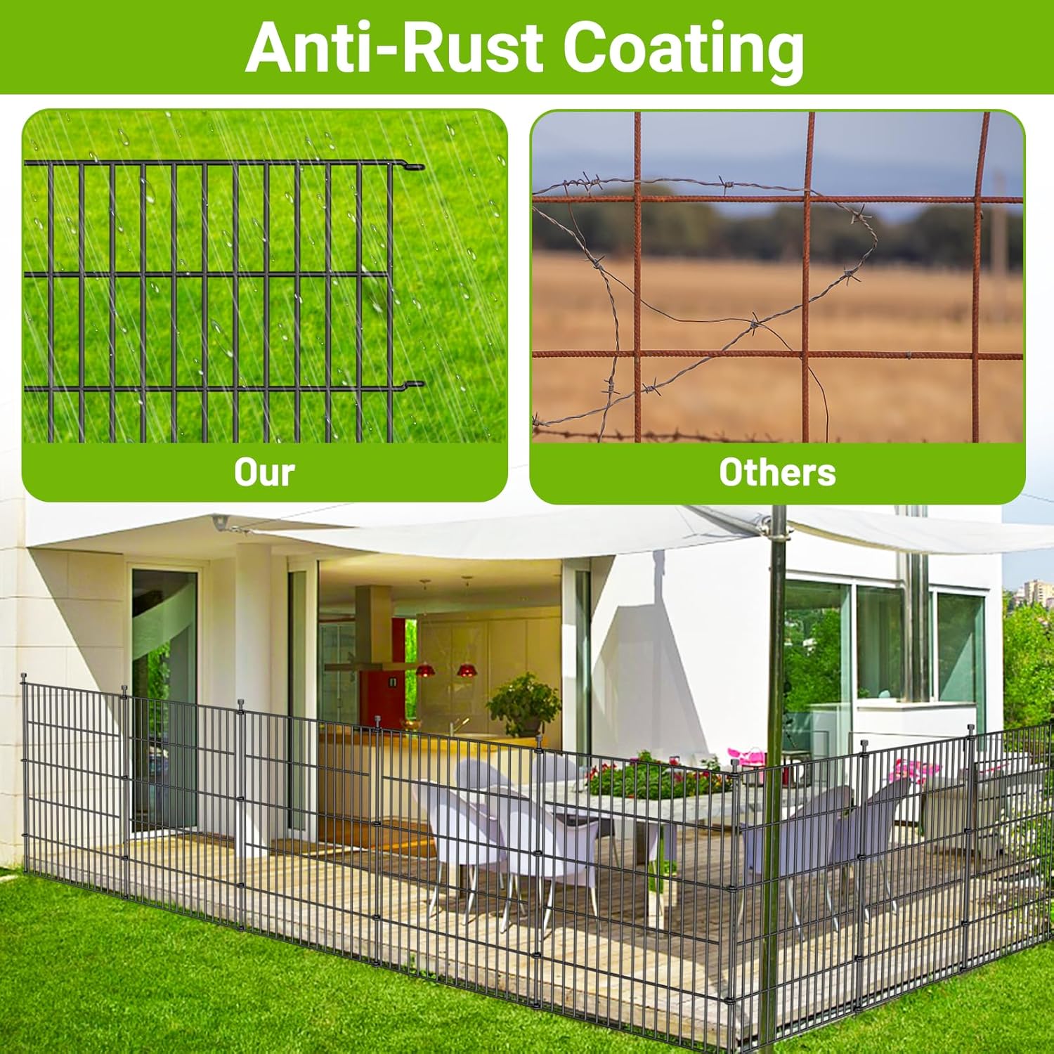 10 Panels No Dig Decorative Outdoor Garden Fence for Yard, 32 in(H) X 23.6 ft(L) Animal Barrier Fencing Rustproof Metal Wire Panel Border for Dog, Rabbits, and Patio Temporary Ground Stakes