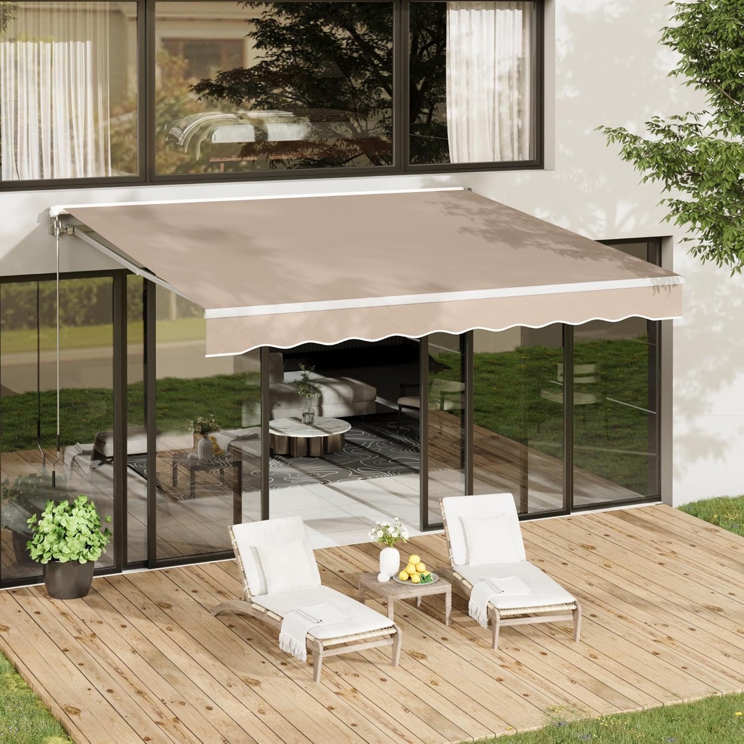 AECOJOY 14'×10' Manual Retractable Awning Sun Shade Patio Awning Cover Outdoor Patio Canopy Sunsetter Deck Awnings with Manual Crank Handle, Beige