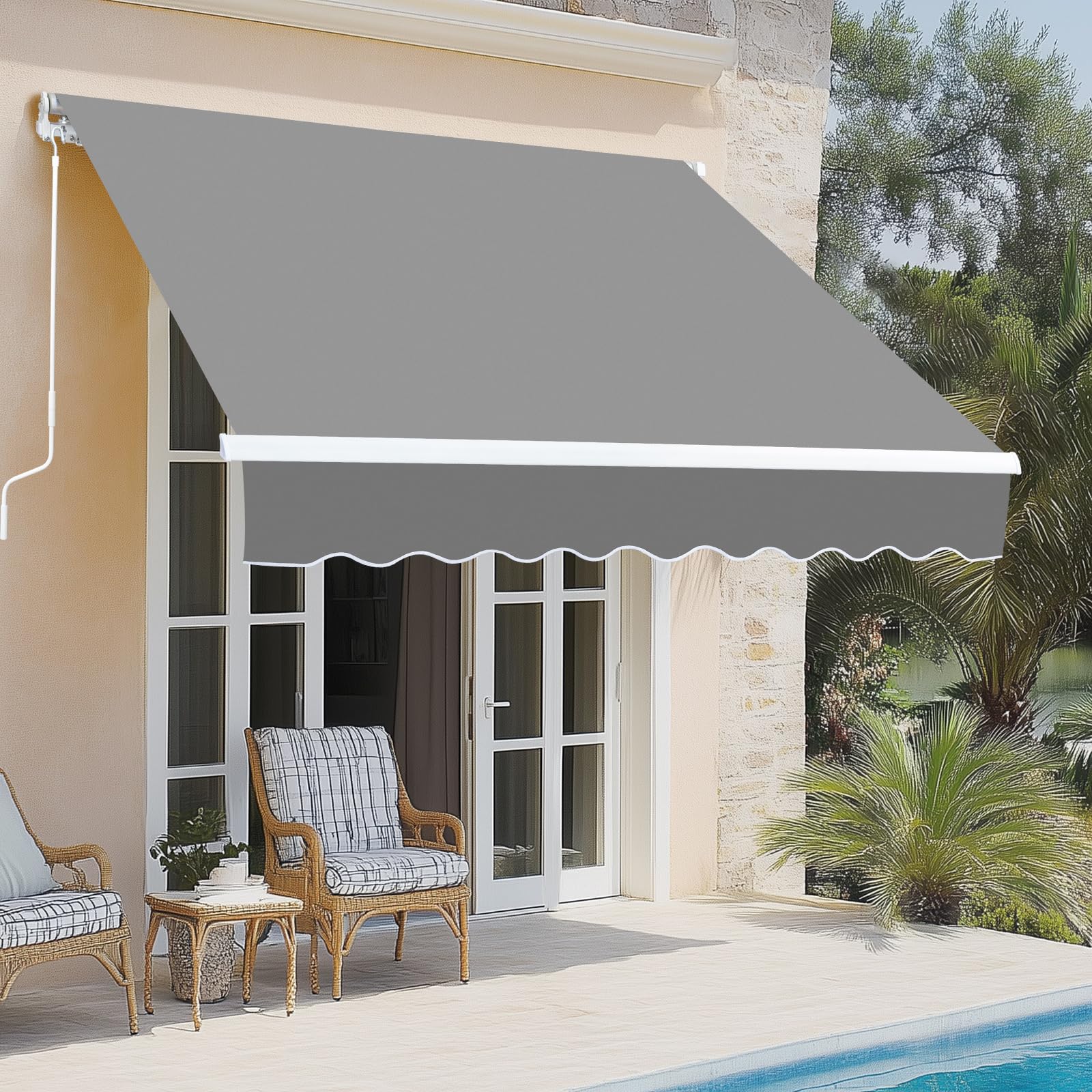 VINGLI 12' x 10' Retractable Awning for Patio Awning Door Awning with Manual Crank Handle, Aluminum Frame Door Canopy UV Resistant (Grey)