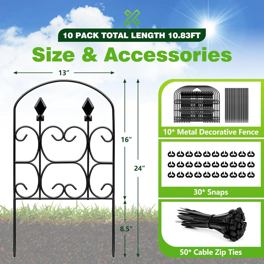24in(H) x 10.83ft(L) Decorative Garden Fence - Tall Garden Fence Animal Barrier 10 Pack Metal Fence Border Black No Dig Fence Panels Garden Fencing Border for Landscape Patio Yard Outdoor