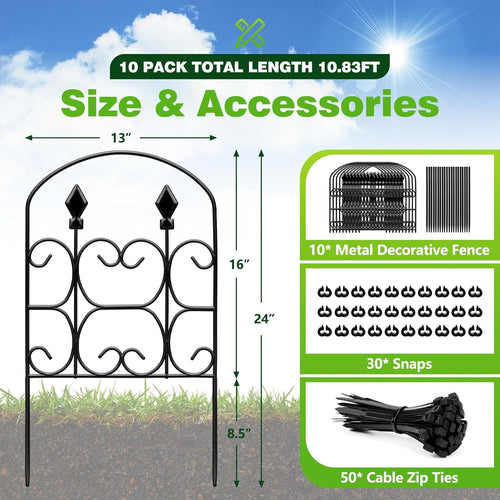 24in(H) x 10.83ft(L) Decorative Garden Fence - Tall Garden Fence Animal Barrier 10 Pack Metal Fence Border Black No Dig Fence Panels Garden Fencing Border for Landscape Patio Yard Outdoor