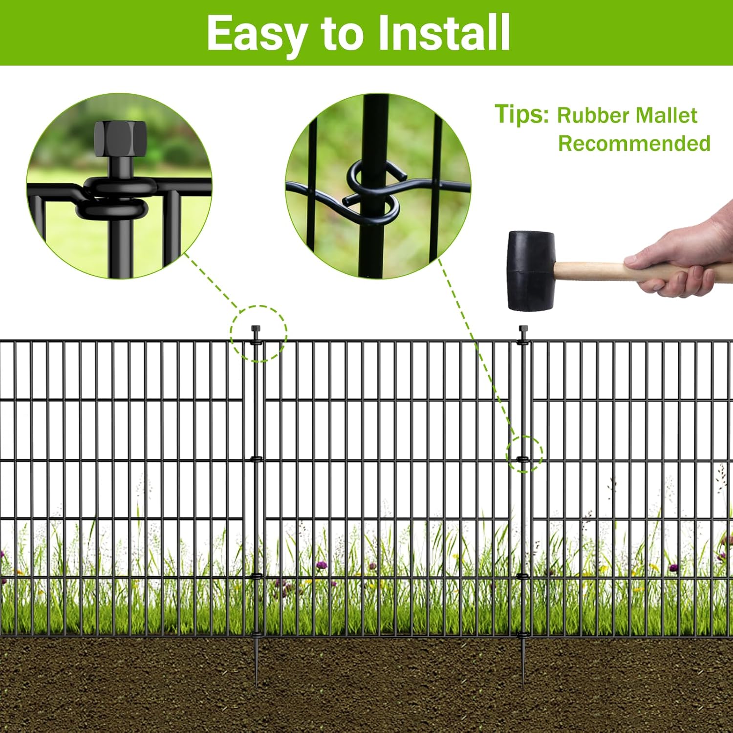 10 Panels No Dig Decorative Outdoor Garden Fence for Yard, 32 in(H) X 23.6 ft(L) Animal Barrier Fencing Rustproof Metal Wire Panel Border for Dog, Rabbits, and Patio Temporary Ground Stakes