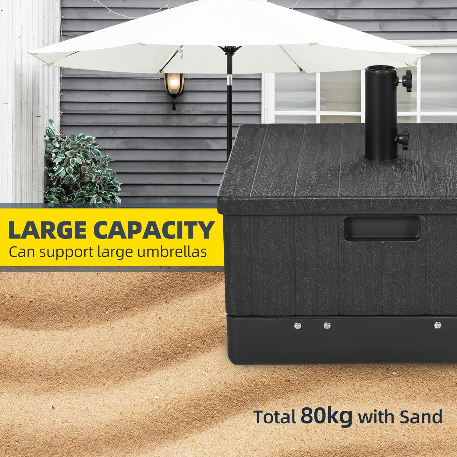 Outsunny 2-in-1 Outdoor Umbrella Base, Planter Box with Drain Hole, 175 lbs. Capacity Heavy Duty Fillable Patio Umbrella Stand Table with Wheels and Handles for Deck, Poolside, Black