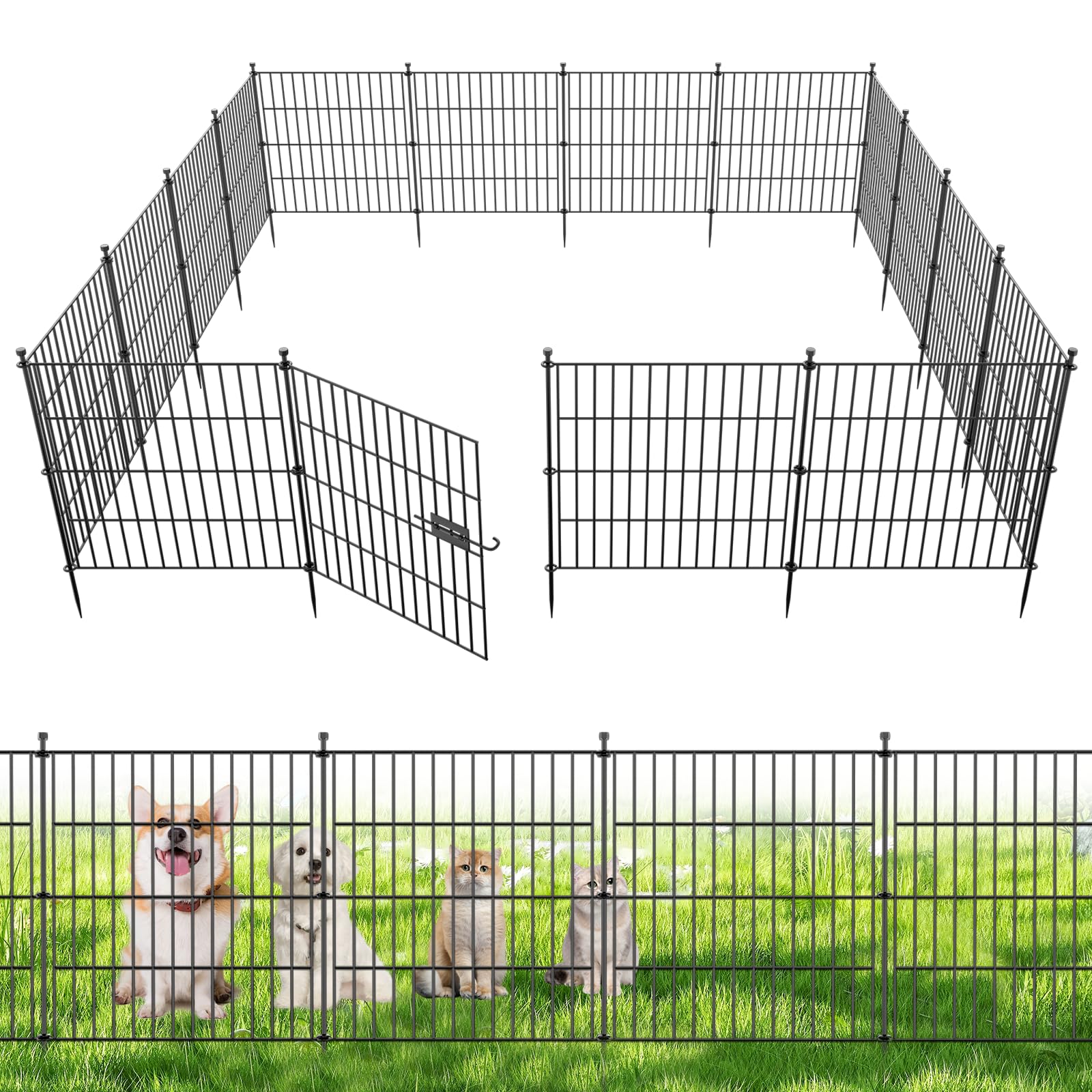 10 Panels No Dig Decorative Outdoor Garden Fence for Yard, 32 in(H) X 23.6 ft(L) Animal Barrier Fencing Rustproof Metal Wire Panel Border for Dog, Rabbits, and Patio Temporary Ground Stakes