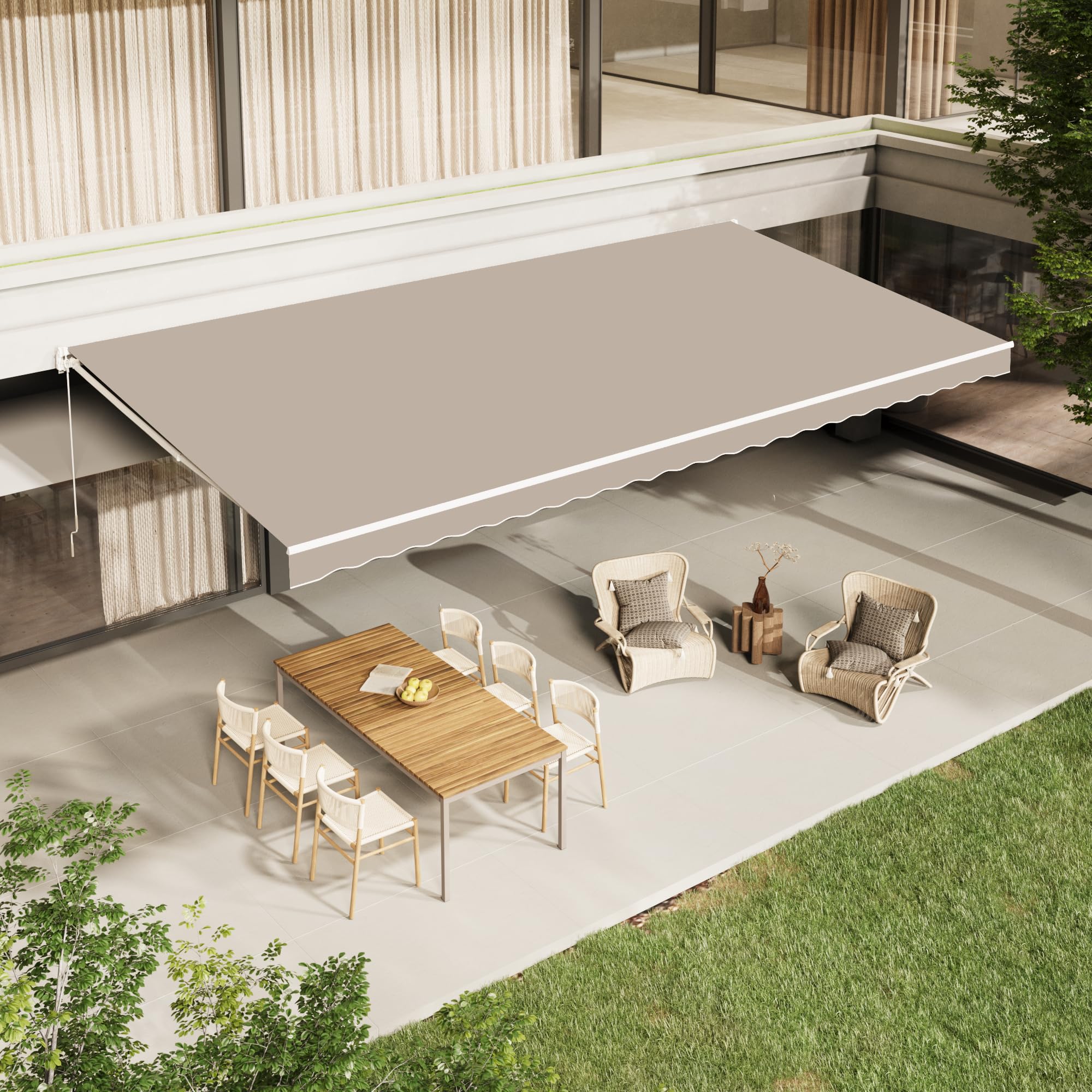 AECOJOY 14'×10' Manual Retractable Awning Sun Shade Patio Awning Cover Outdoor Patio Canopy Sunsetter Deck Awnings with Manual Crank Handle, Beige