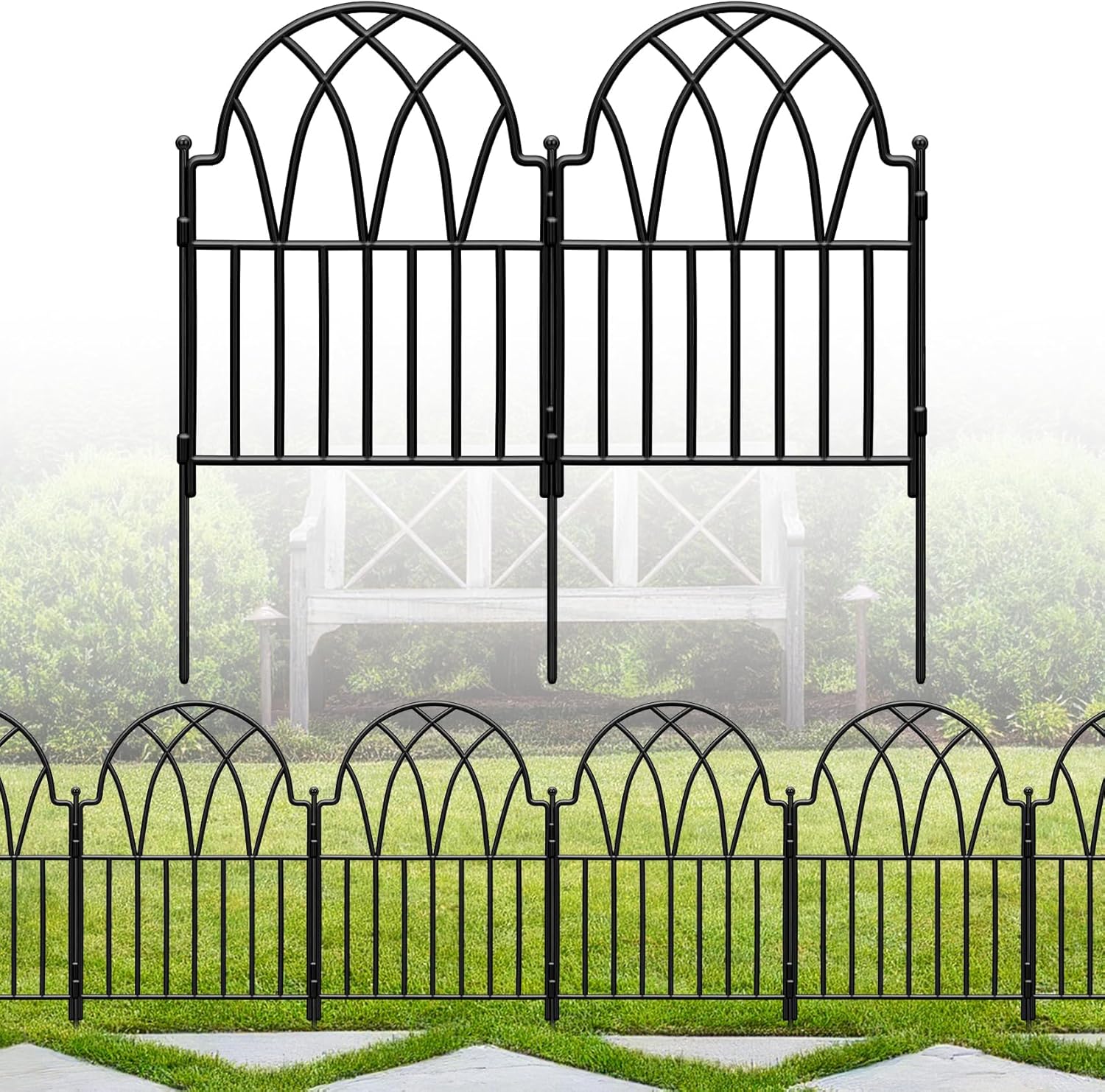 Garden Fence - 24 in(H) x 10.56ft(L) Arched Metal Fence Panel No Dig Fence, Ground Stake Animal Barrier Fence for Dog, Flower Bed Edging Wire Border Panel Fencing for Yard Patio Outdoor Decor