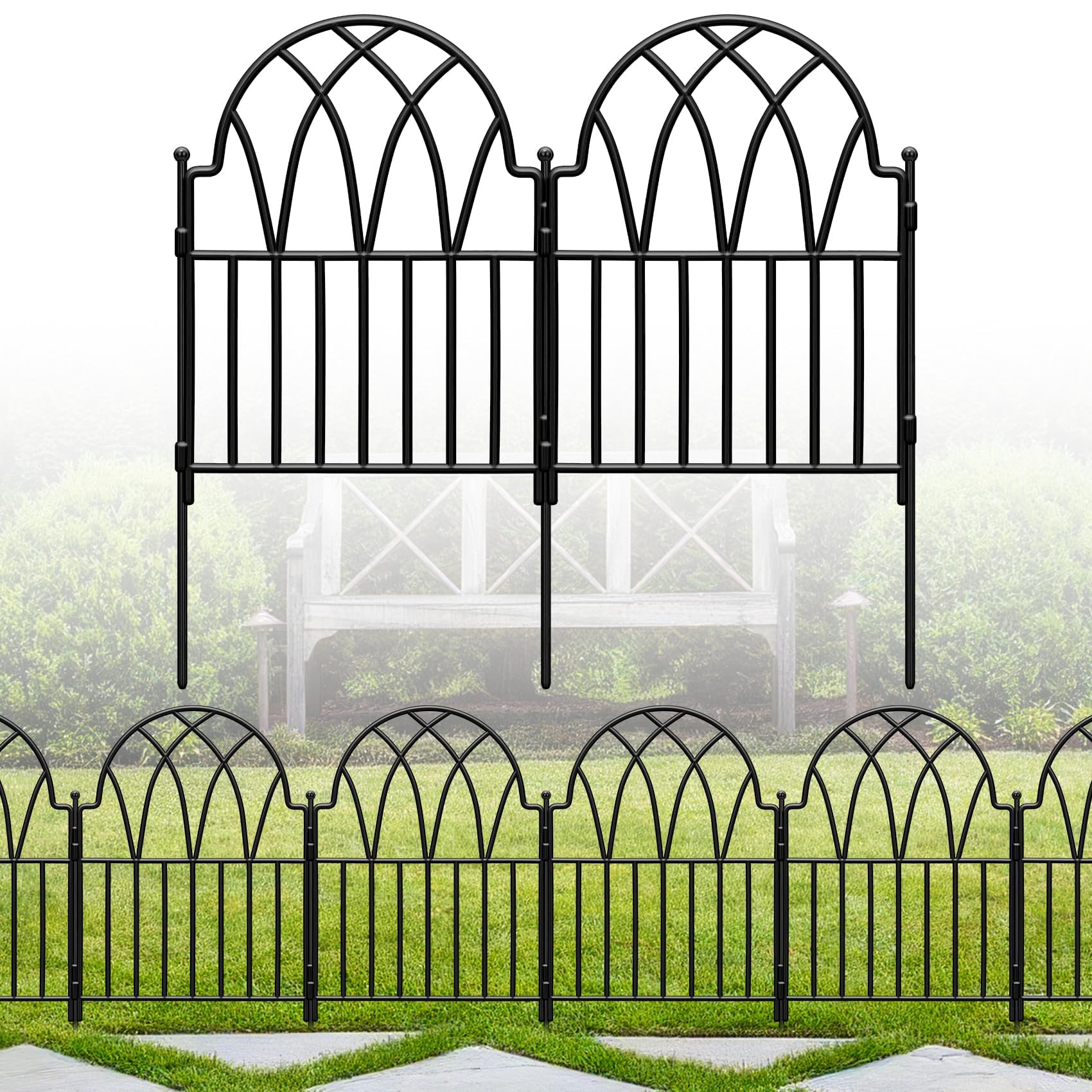 Garden Fence - 24 in(H) x 10.56ft(L) Arched Metal Fence Panel No Dig Fence, Ground Stake Animal Barrier Fence for Dog, Flower Bed Edging Wire Border Panel Fencing for Yard Patio Outdoor Decor