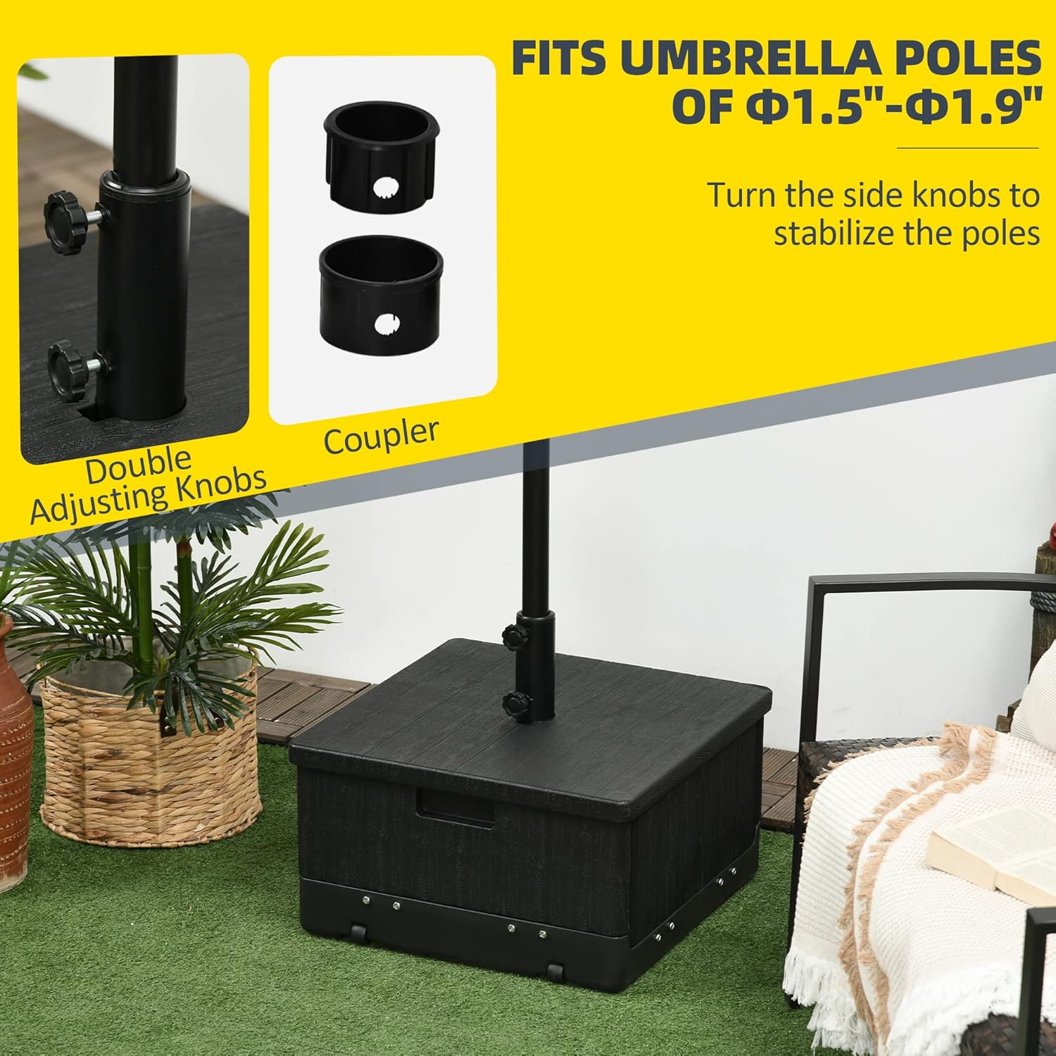 Outsunny 2-in-1 Outdoor Umbrella Base, Planter Box with Drain Hole, 175 lbs. Capacity Heavy Duty Fillable Patio Umbrella Stand Table with Wheels and Handles for Deck, Poolside, Black
